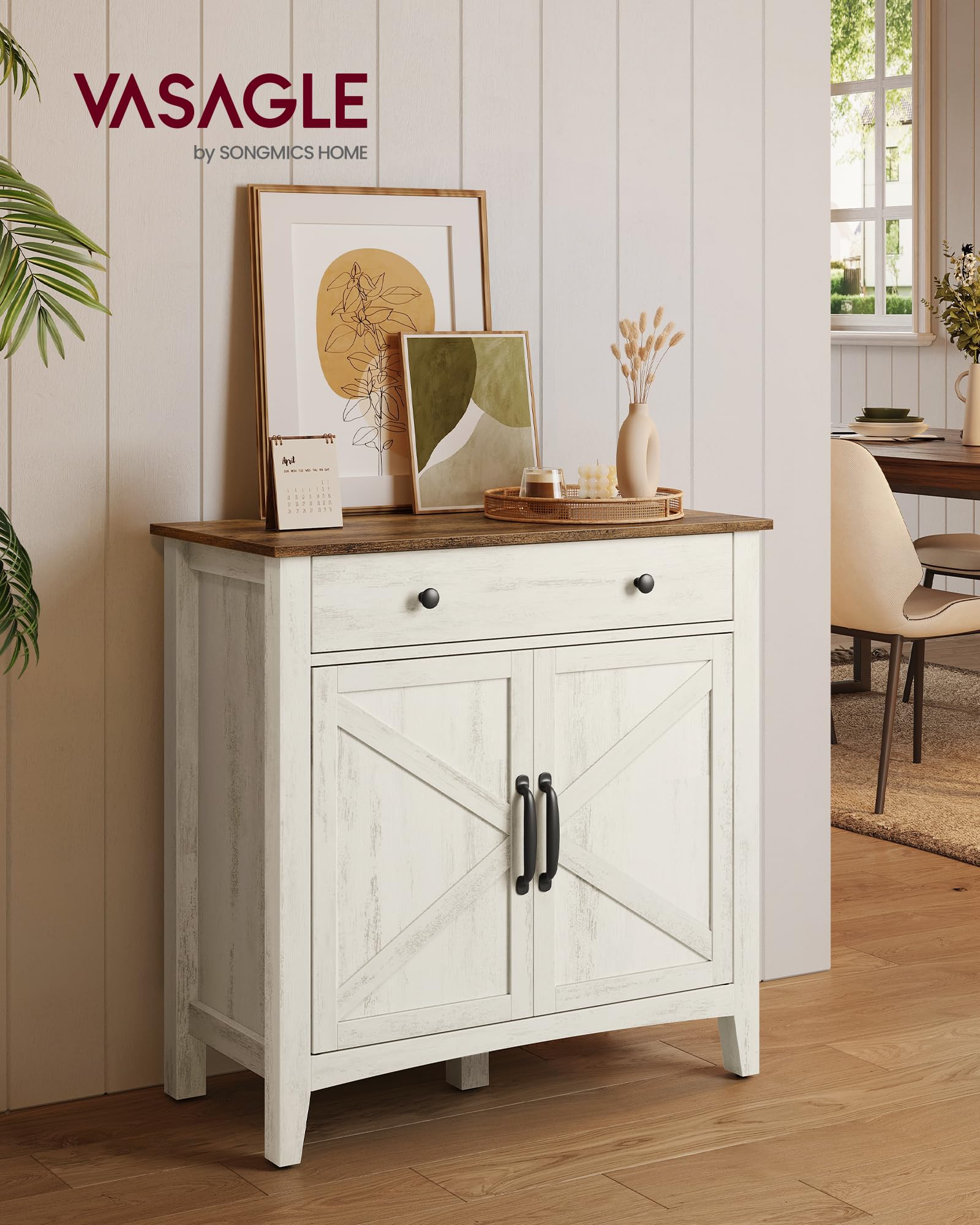 VASAGLE LIRY Buffet Cabinet - Rustic White & Honey Brown Coffee Bar Sideboard with Adjustable Shelf, Drawer Divider & Cable Hole | Perfect for Dining Room Storage, Kitchen Organization & Living Room Decor | UBBK341W01