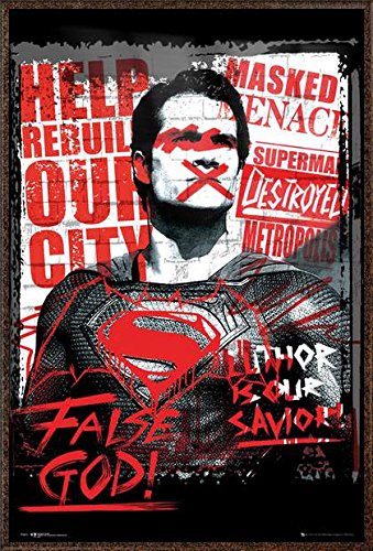 Batman vs Superman Dawn of Justice Framed Movie Poster - 24x36 Inch Superman False God Propaganda Art Print for Home Theater, Man Cave & Comic Book Fan Decor