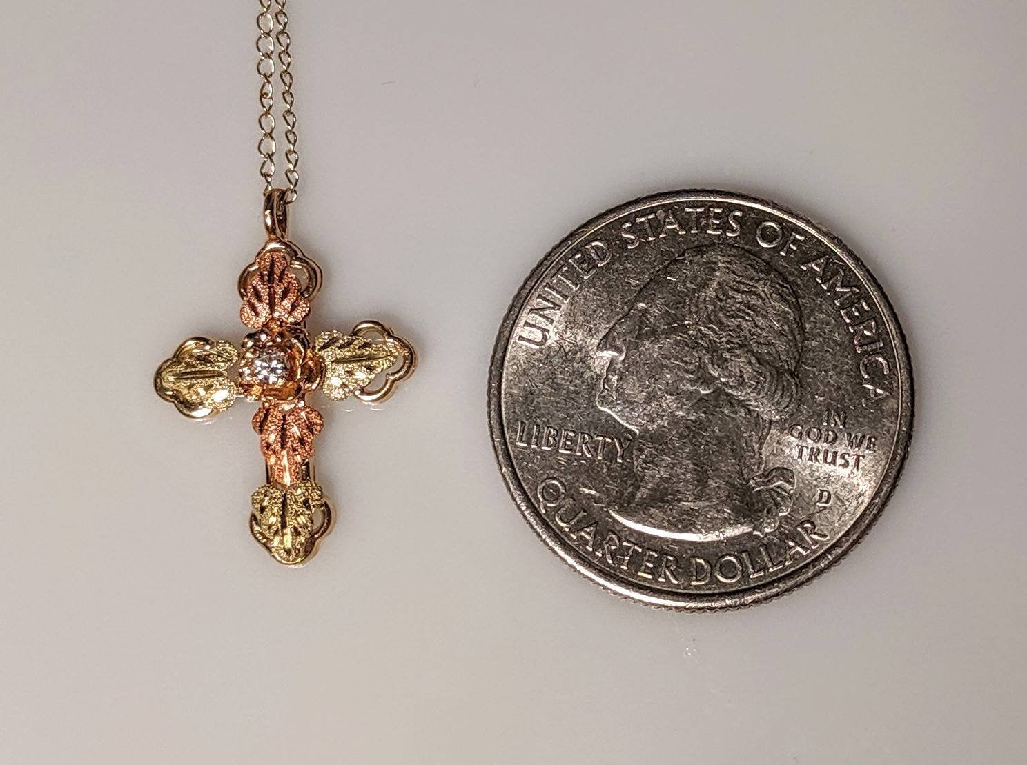 10kt Solid Gold Three-Tone Five-Leaf Cross Pendant with Natural Diamond Accent & Red/Green Enamel Leaves - Includes 18