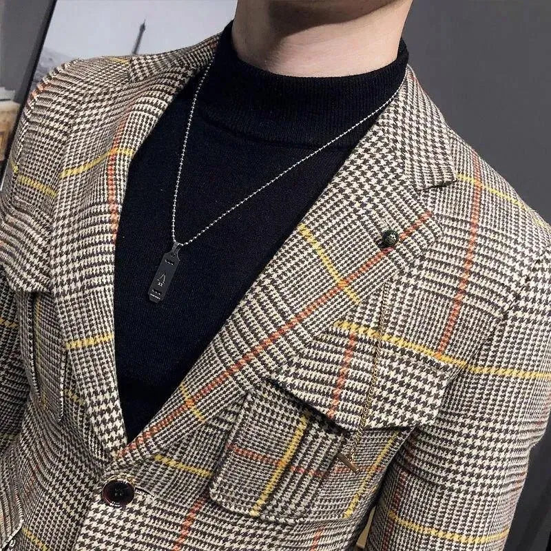 Stylish Men's Plaid Houndstooth Blazer Jacket - Formal & Business Attire for Office, Weddings & Special Occasions
