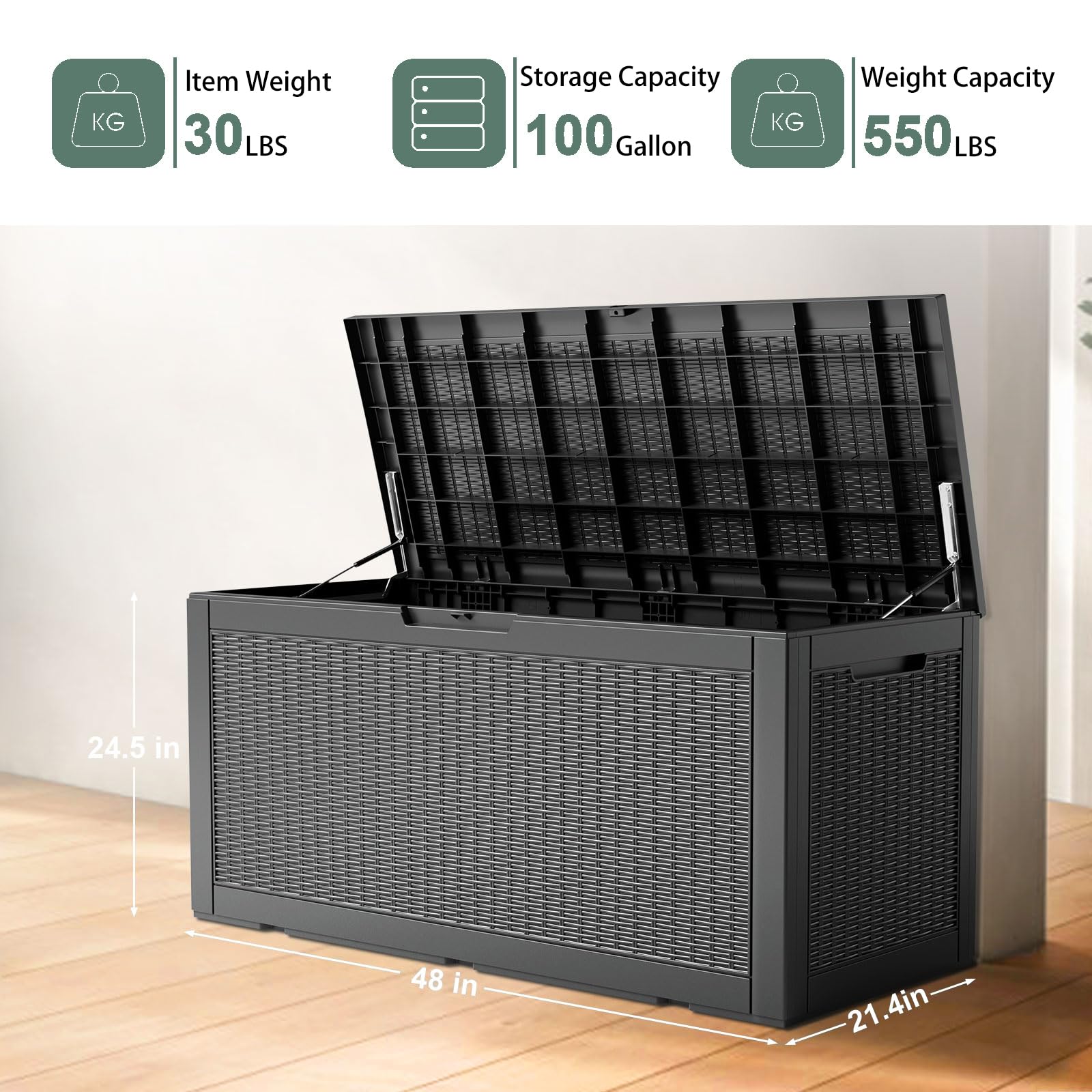 DRATO 100 Gallon Large Outdoor Deck Box - Waterproof Resin Storage Container for Patio Furniture, Cushions, Gardening Tools & Pool Supplies - 660lbs Weight Capacity - Perfect for Backyard, Deck & Poolside Organization