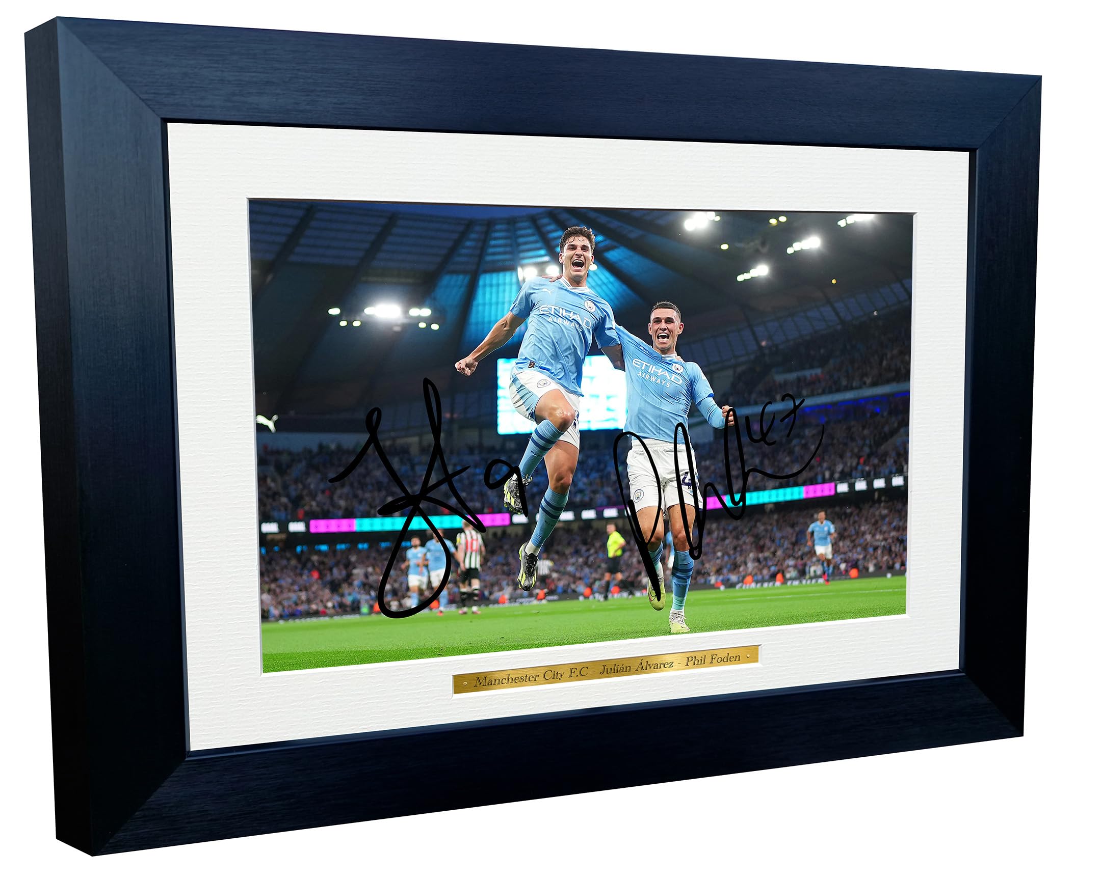 12x8 A4 Julian Alvarez & Phil Foden Autographed Manchester City Football Photo - Signed Soccer Poster in Frame - Perfect Gift for Fans, Man Cave, Sports Room Decor