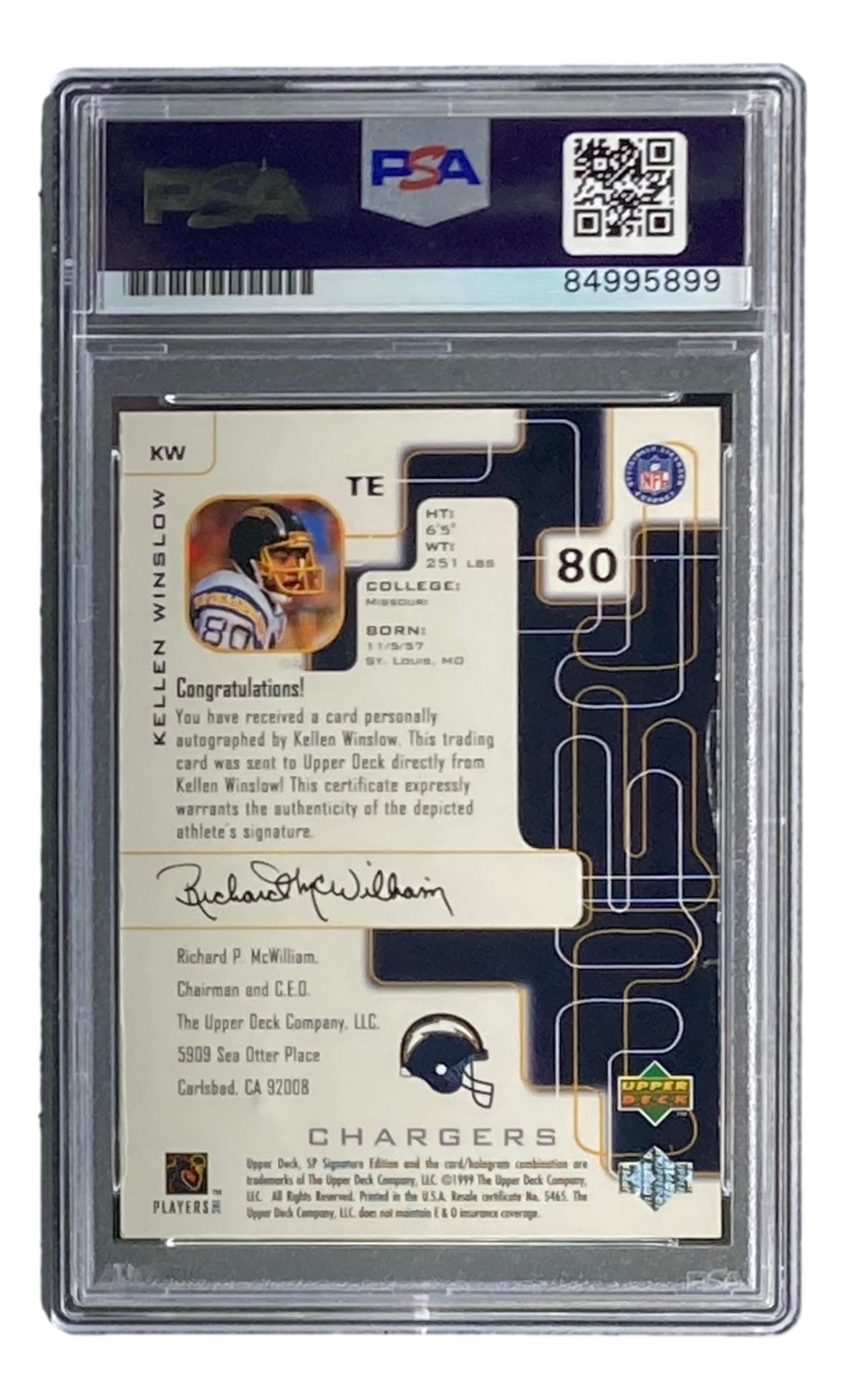 Kellen Winslow Signed 1999 SP Authentic #KW San Diego Chargers Trading Card - PSA/DNA Gem MT 10 Certified - Perfect for NFL Memorabilia Collectors & Football Fans Display