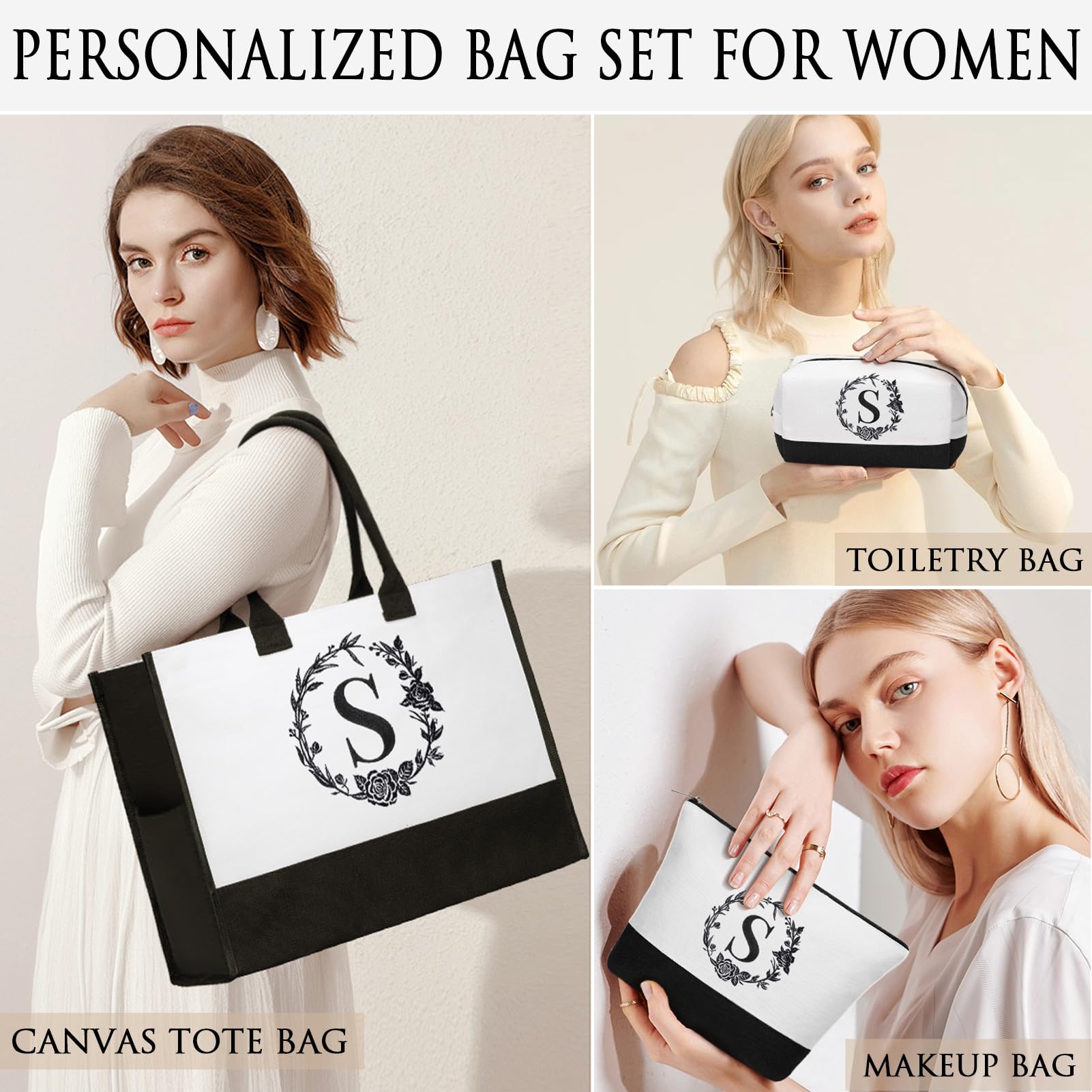 Personalized Monogrammed Canvas Tote Bag & Makeup Bag - Custom Initial Beach Tote for Women | Valentine's Day, Birthday Gift for Her, Girlfriend, Wife, Mom, Sister, Daughter | Perfect for Travel, Shopping & Beach Outings