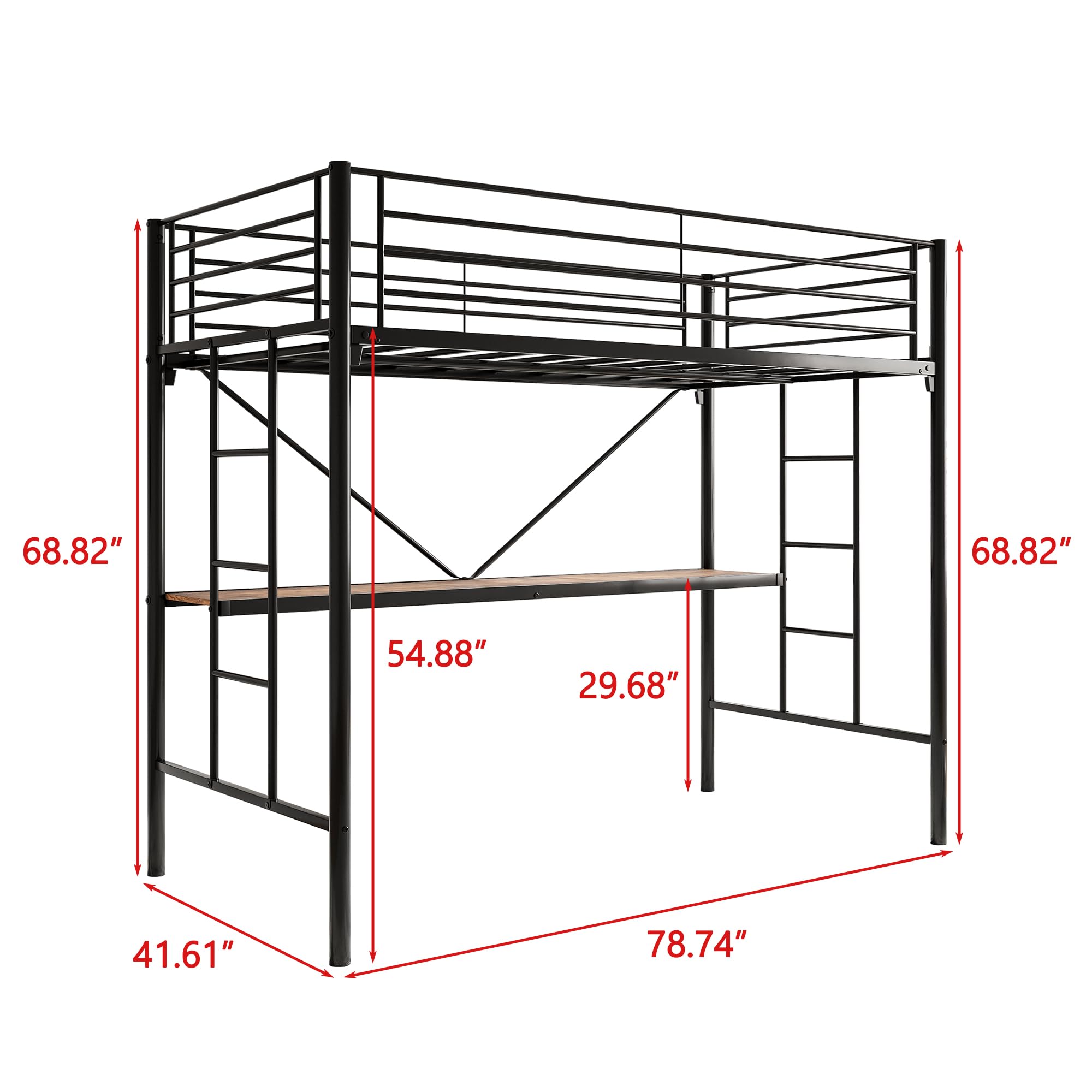 JURMERRY Metal Loft Bed with Desk & 2 Ladders - Twin Size Black Space-Saving Loft Bed with Safety Guard Rail, No Box Spring Required - Perfect for Small Bedrooms, Dorm Rooms & Studio Apartments