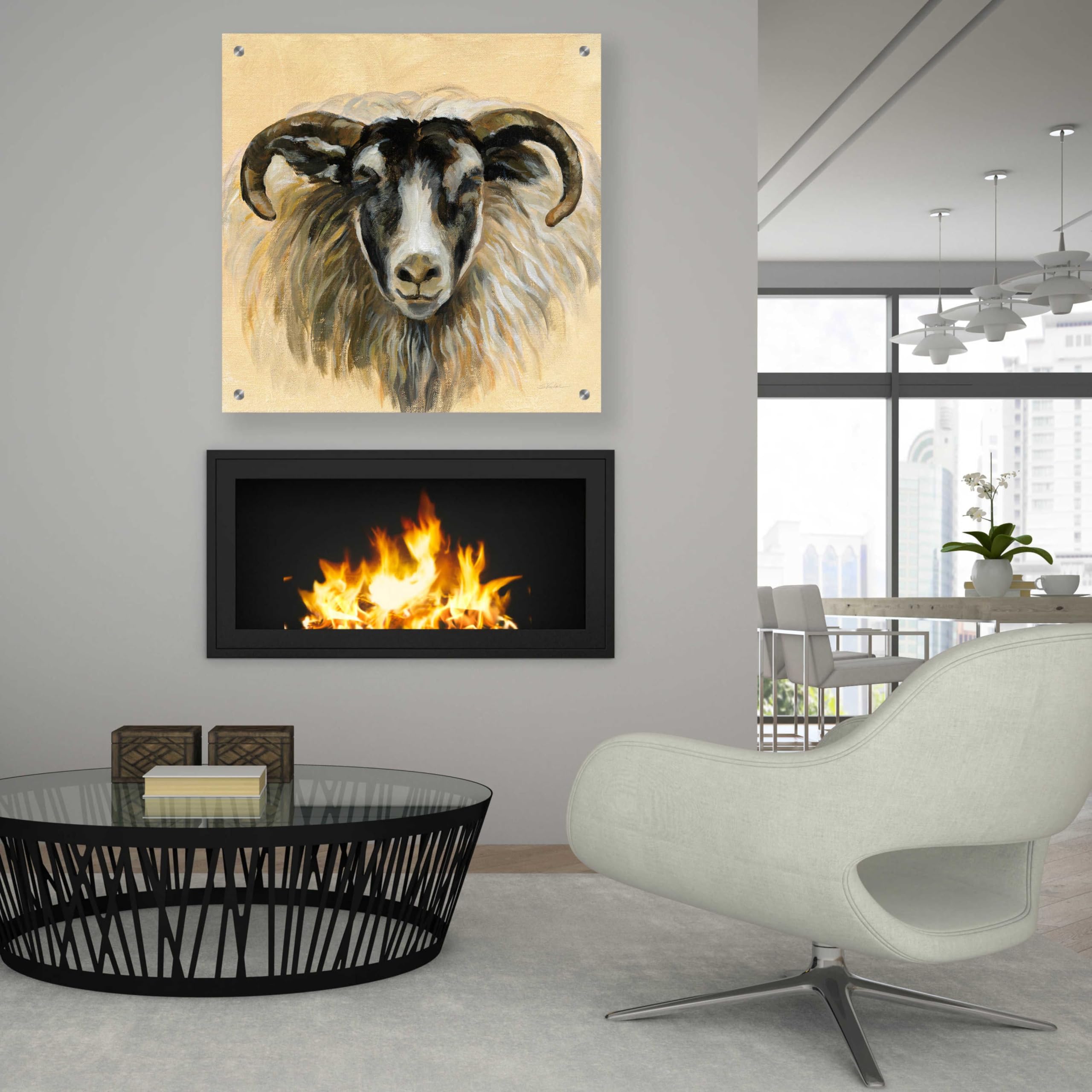 Silvia Vassileva Highland Animal Ram Acrylic Glass Wall Art - 36x36 Inches Modern Home Decor for Living Room, Bedroom & Office