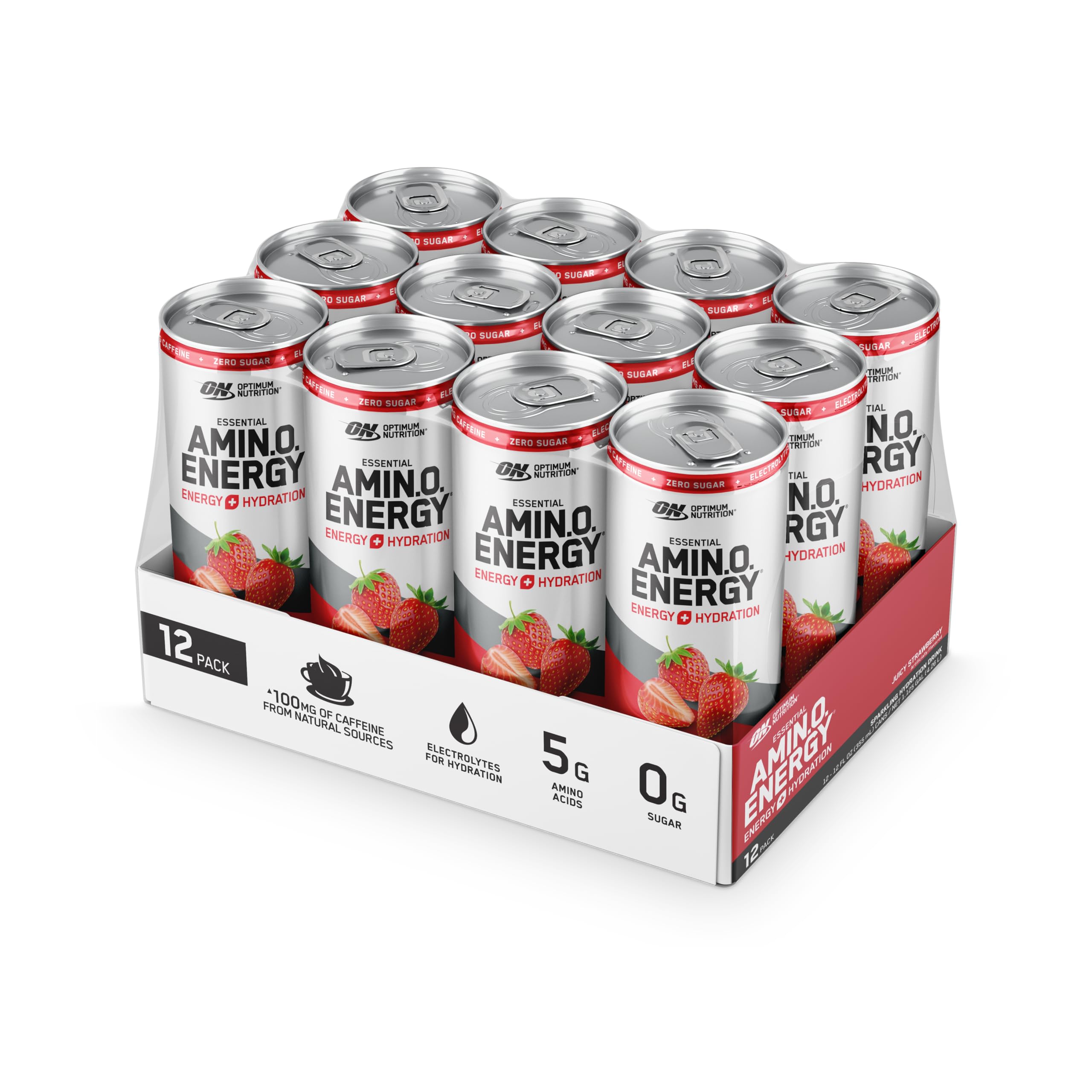 Optimum Nutrition Amino Energy Sparkling Hydration Drink with Electrolytes, Caffeine & BCAAs - Sugar Free Juicy Strawberry Flavor, 12 Fl Oz (12 Pack) - Perfect for Workouts, Recovery & On-the-Go Hydration
