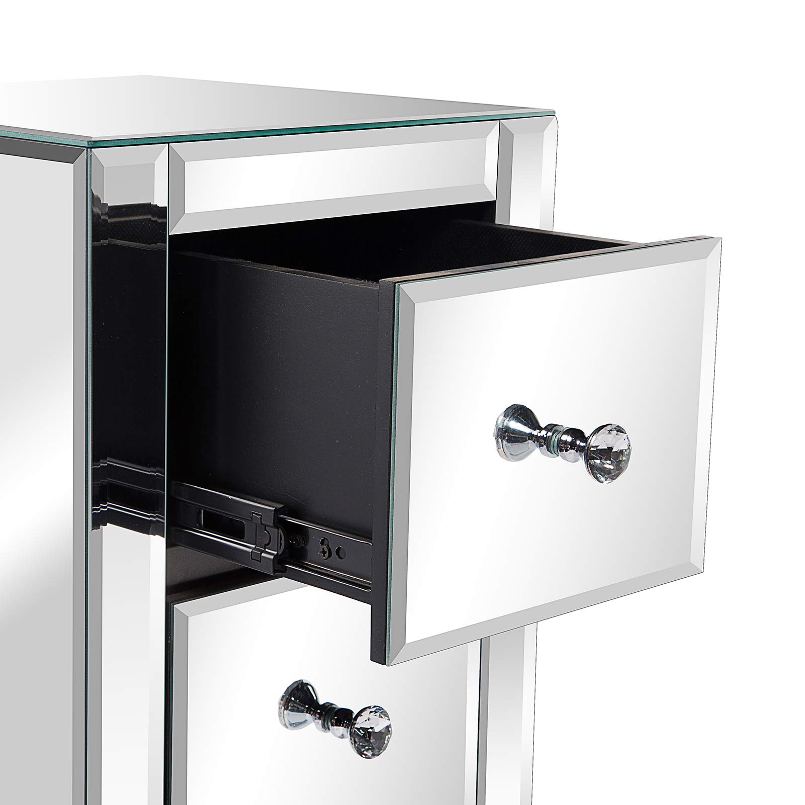 Mirrored Nightstand with 3 Drawers - Silver End Table with Crystal Handles for Bedroom & Living Room | Modern Accent Table for Bedside, Sofa Side, or Vanity Use