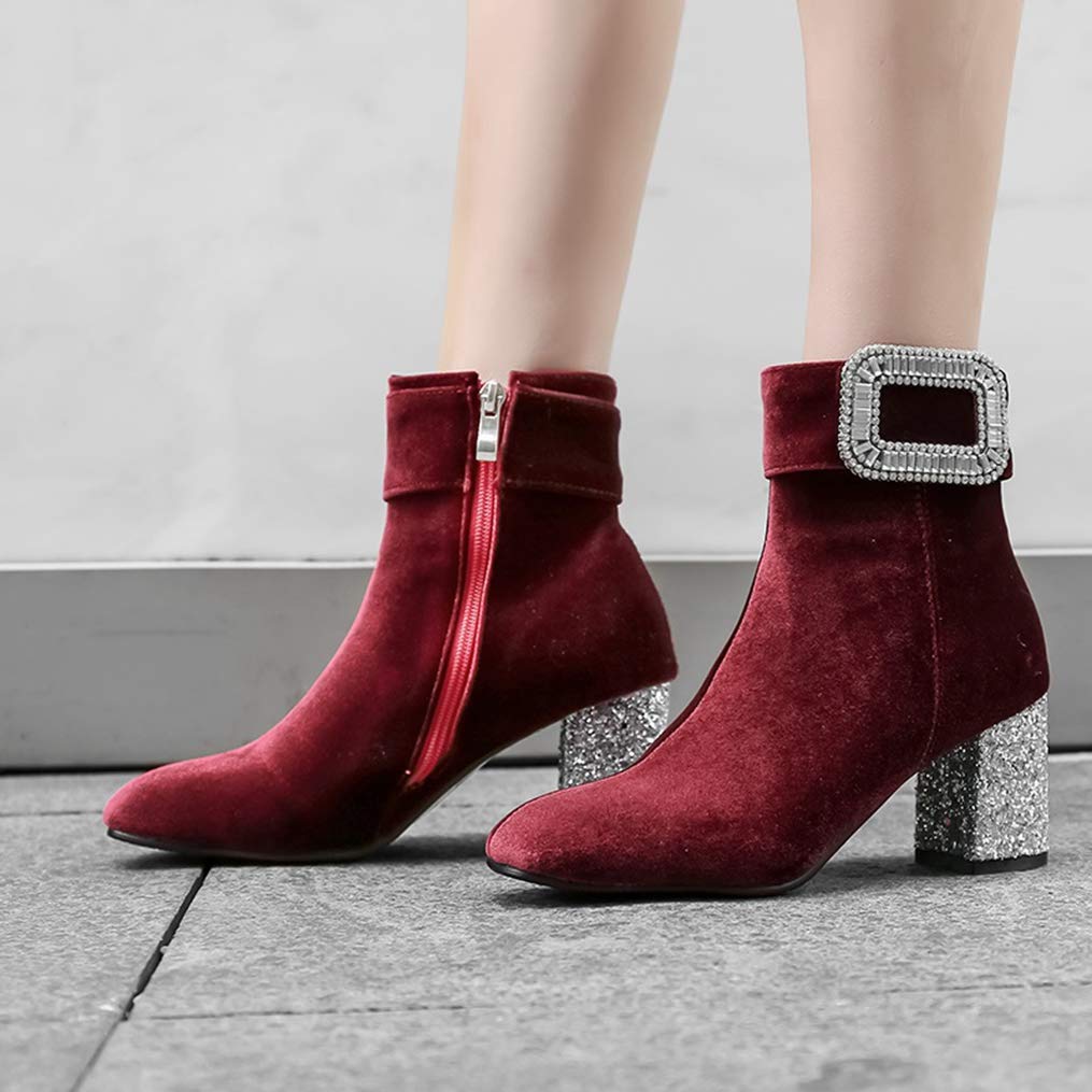 Stylish Women's Winter Ankle Boots with Square Toe & Crystal Bling Decor - Zip-Up High Heel Fashion Boots for Party, Office & Night Out