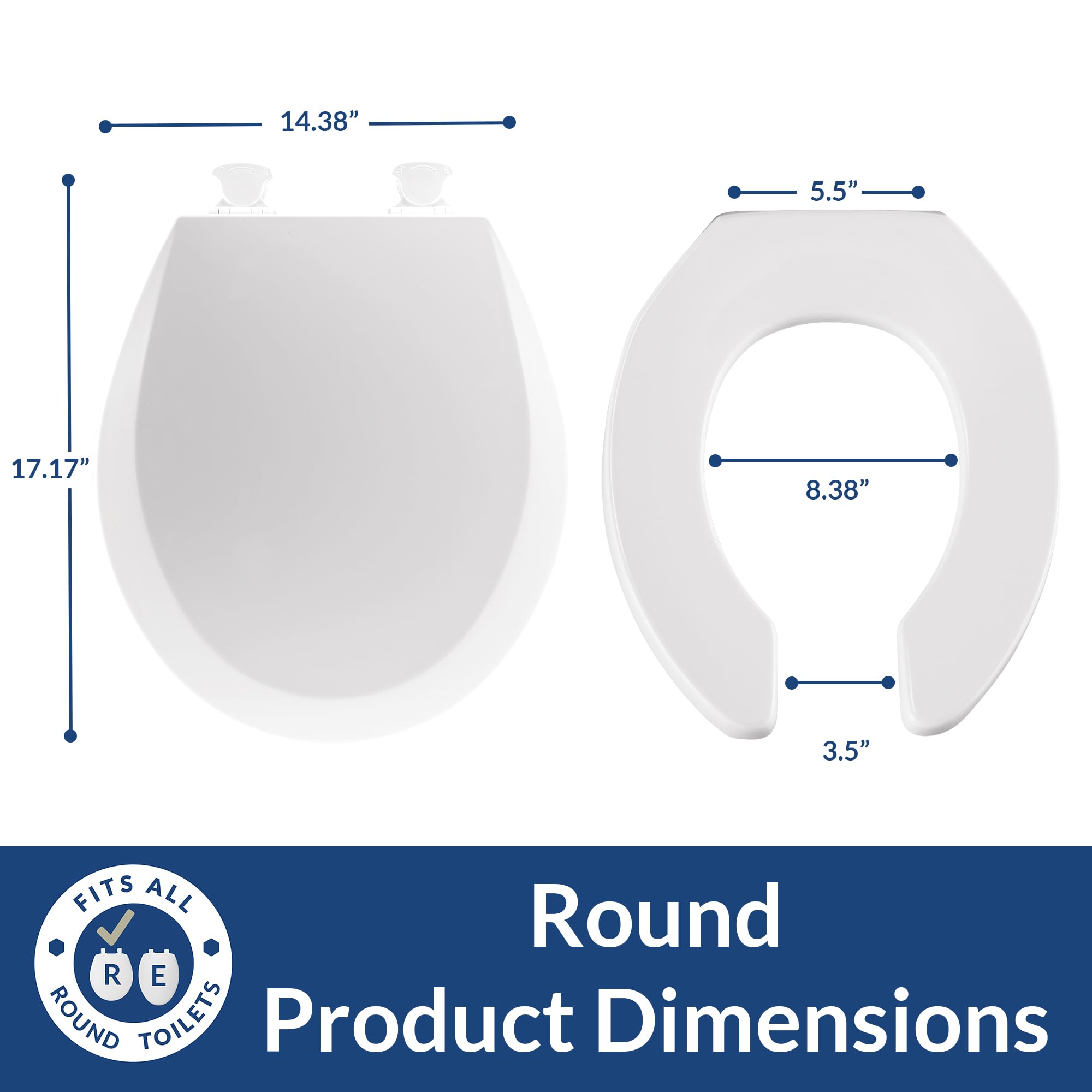 Mayfair 8440EC Open Front Toilet Seat with Lid - Easy Clean Hinges & Durable Wood Construction - Round White Bathroom Toilet Seat for Home, Hotel, and Commercial Use