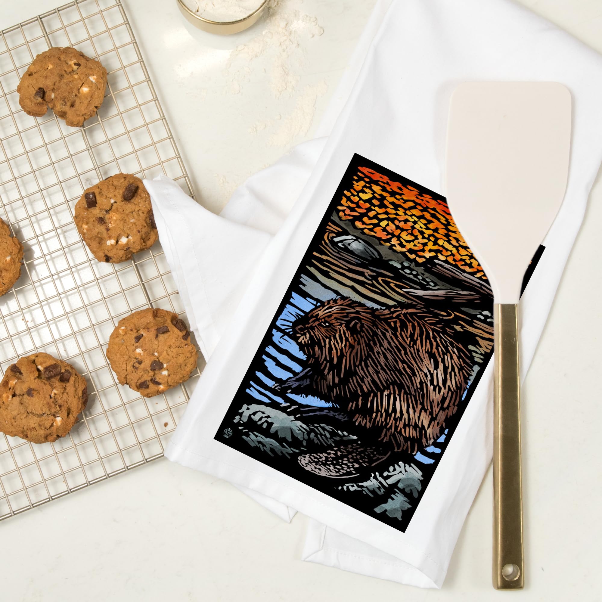Lantern Press Beaver Scratchboard Tea Towel - 100% Cotton Decorative Hand Towel for Kitchen & Home - Perfect for Dish Drying, Gift Giving & Farmhouse Decor
