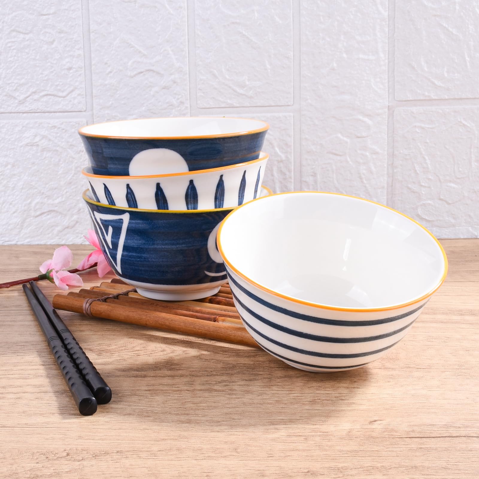 Premium Japanese Rice Bowl Set of 4 - Handcrafted Ceramic Sushi Bowls for Soup, Oats, Ramen & Rice | Microwave & Dishwasher Safe | Perfect for Asian Cuisine, Home Dining & Restaurant Use