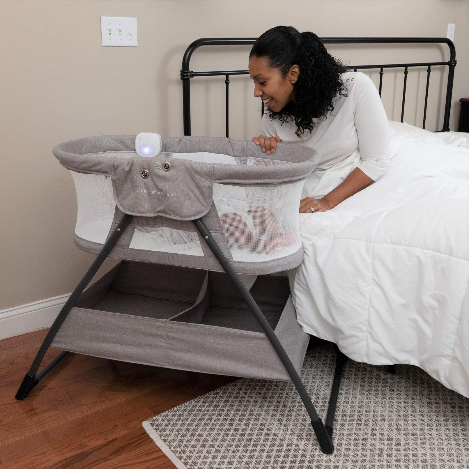 Baby Delight Beside Me Doze Deluxe Portable Bassinet - Foldable Bedside Sleeper with Removable Canopy for Newborns | Safe Co-Sleeping Solution in Pebble Grey | Perfect for Nursery, Bedroom & Travel