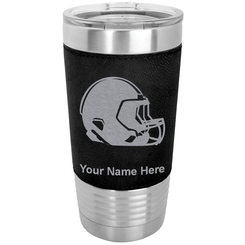 LaserGram 20oz Vacuum Insulated Stainless Steel Tumbler with Football Helmet Design - Personalized Engraved Gift for Sports Fans (Faux Leather Handle, Black) - Perfect for Game Day, Office & Outdoor Activities