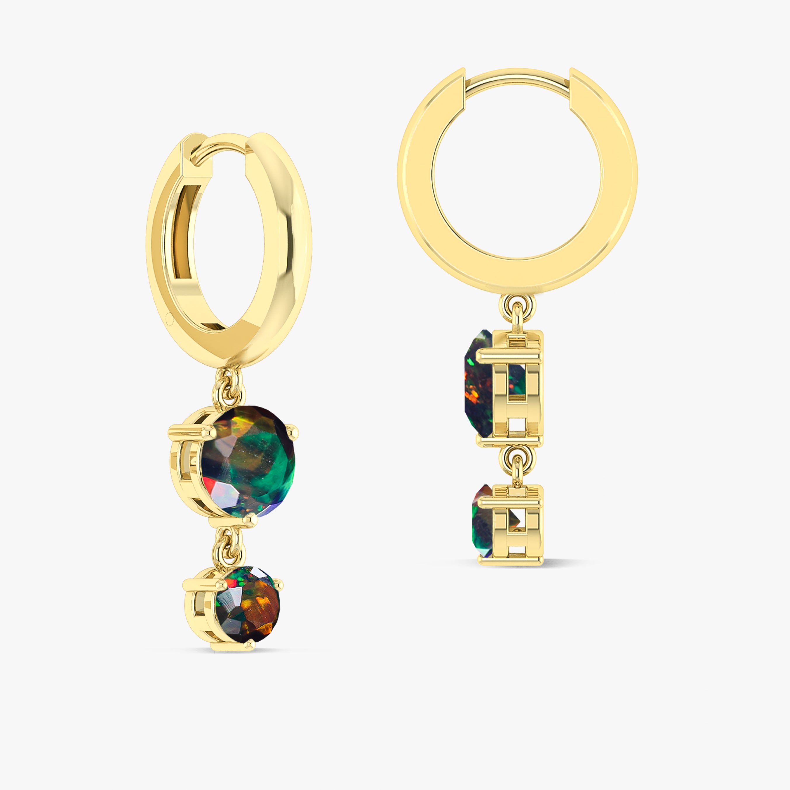 2 Round Stone Natural Black Opal Drop Hoop Earrings for Women - Elegant Dangle Jewelry for Party, Wedding & Everyday Wear
