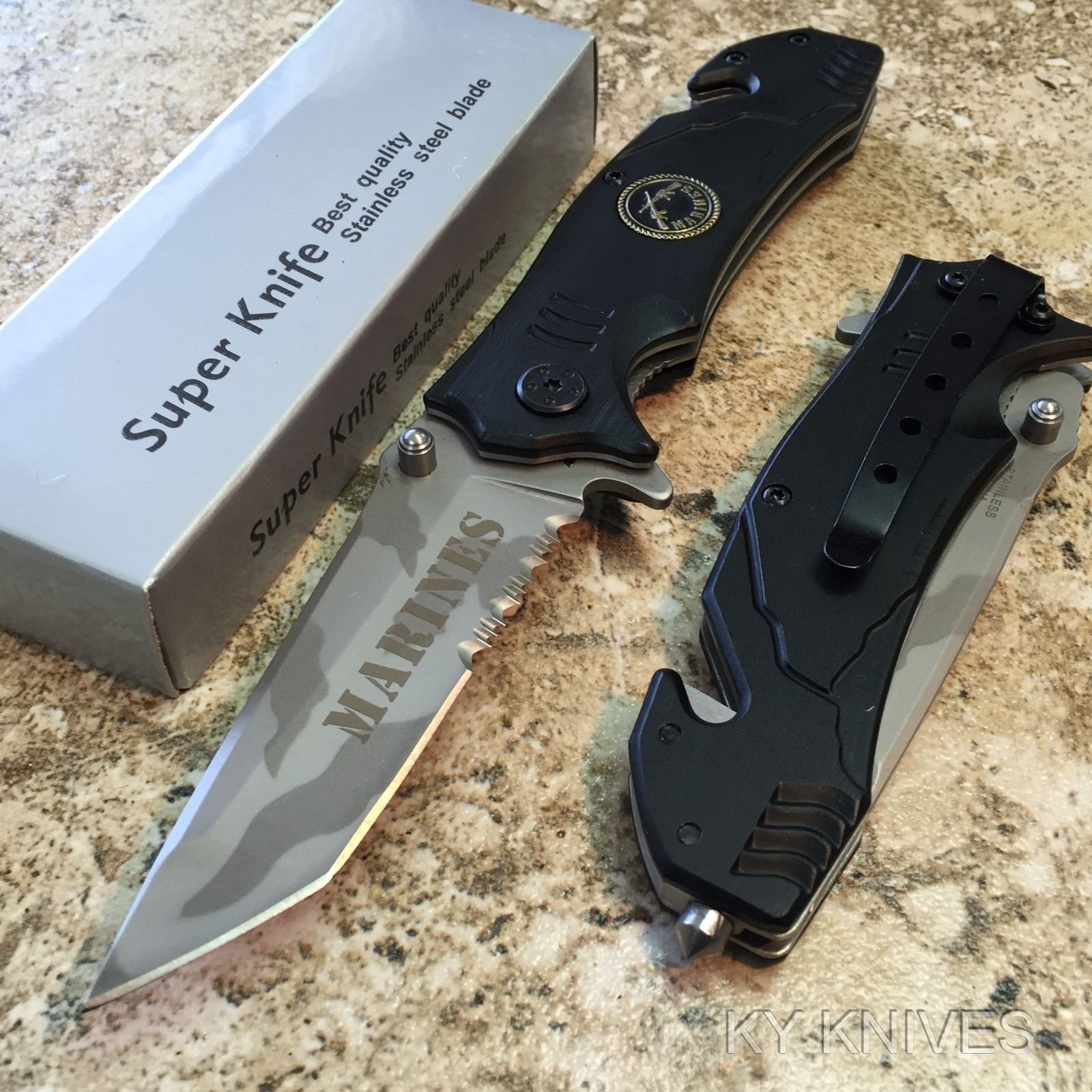 #2 Black Marines Spring Assist Rescue Pocket Knife - Camo Tanto Blade with Glass Breaker - Tactical Survival Tool for Outdoor, Camping & Emergency Use