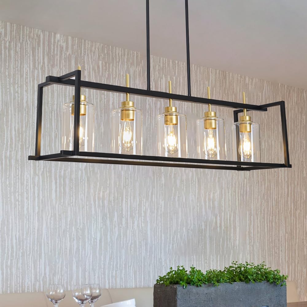 DSMJFU Farmhouse Chandelier - 5-Light Black & Gold Rustic Rectangular Pendant Light for Kitchen Island & Dining Room | Perfect Over Tables & Breakfast Bars | Creates Cozy Farmhouse Ambiance