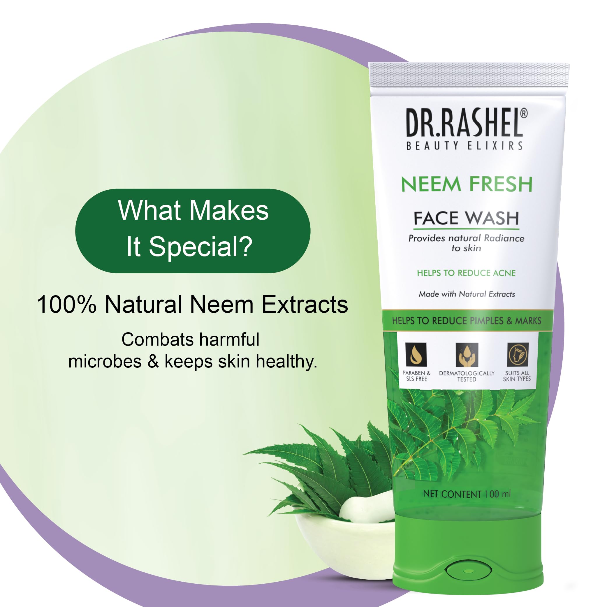 DR.RASHEL Neem & Clove Purifying Face Wash for Men & Women - Deep Cleansing, Anti-Bacterial, Anti-Fungal with Natural Ingredients & Active Neem Slices (100ml) | Perfect for Acne-Prone Skin & Daily Skincare Routine