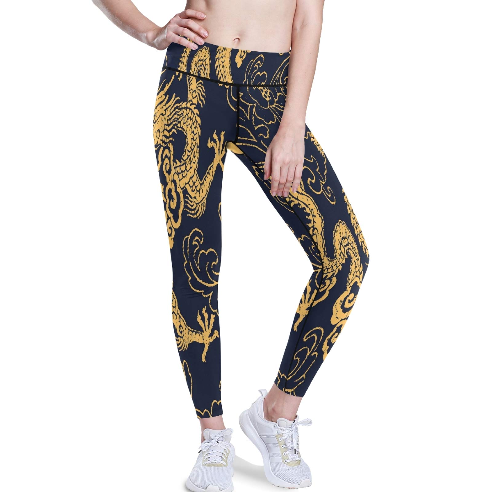 Golden Dragon Yoga Pants - High Waist Tummy Control Leggings for Women, Workout & Running (XXL)
