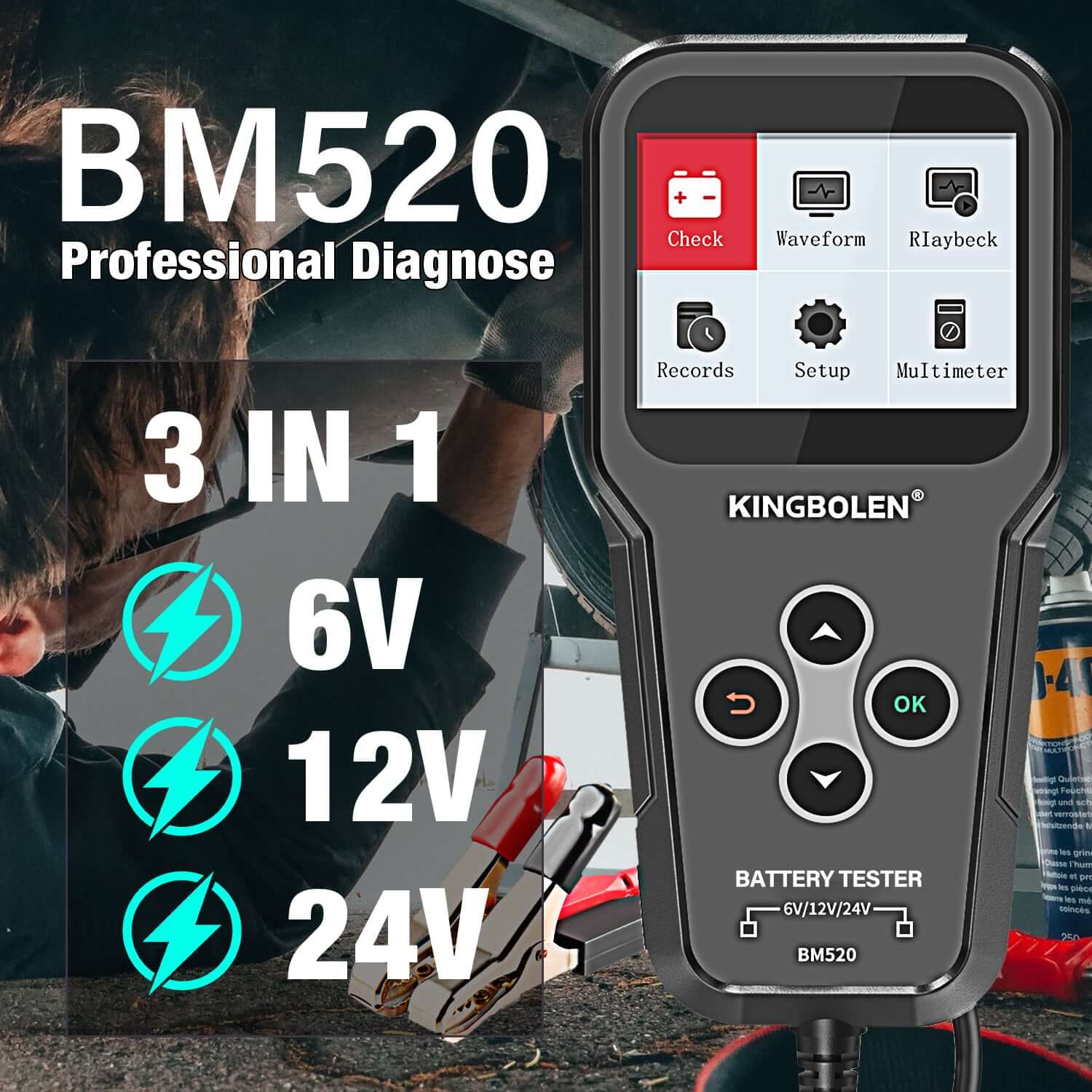 KINGBOLEN® BM520 6V 12V 24V Car Battery Tester - Digital Automotive Battery Analyzer for Cars, Trucks & Motorcycles - Perfect for Home Mechanics & Auto Shops
