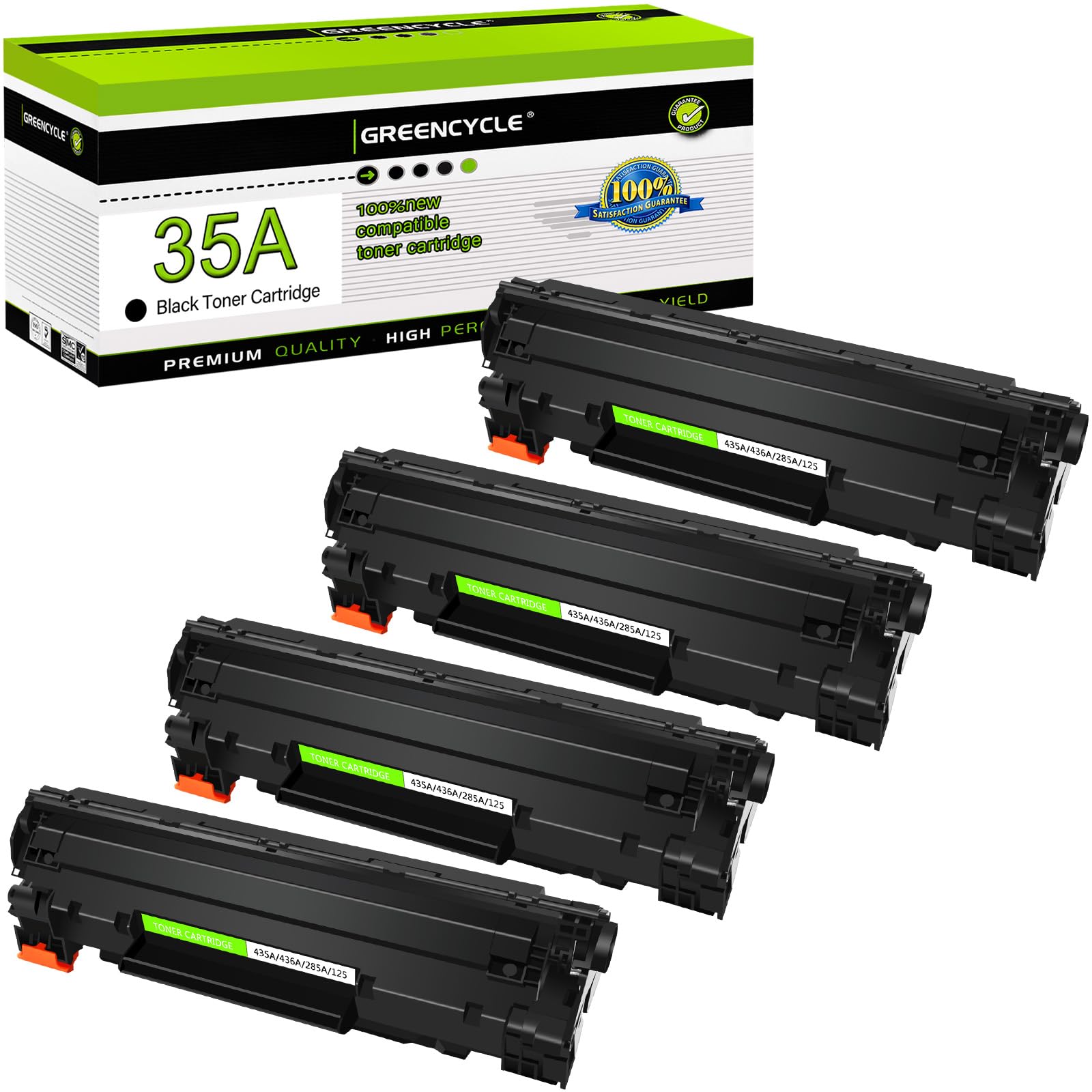 Greencycle 4-Pack CB435A 35A Black Laser Toner Cartridges - Compatible with HP LaserJet P1005 P1006 P1007 P1008 P1009 Printers - High Yield Replacement for Home & Office Printing Needs
