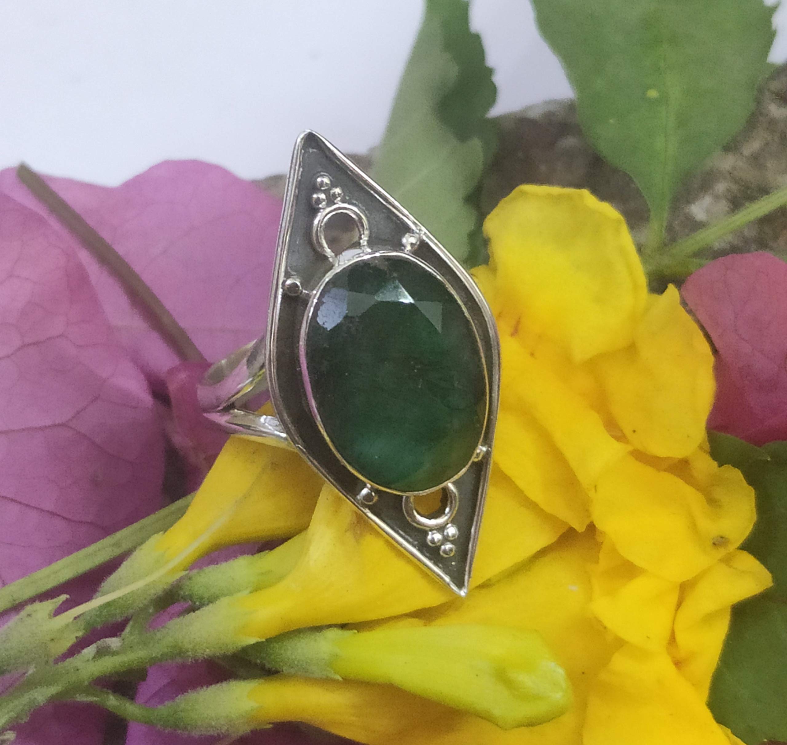 925 Sterling Silver Emerald Ring - Bohemian Jewelry for Women, Statement Ring, Engagement & Promise Ring, Victorian Style, Delicate Antique Jewelry - Perfect for Christmas Gifts, Wedding Gifts & Hippie Fashion