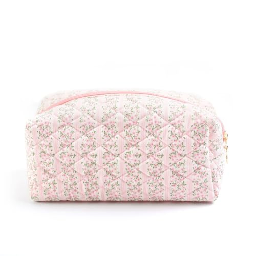 Floral Quilted Makeup Bag for Women - Coquette Cosmetic & Toiletry Travel Organizer (Pink) | Perfect for Travel, Gym, and Everyday Essentials Storage