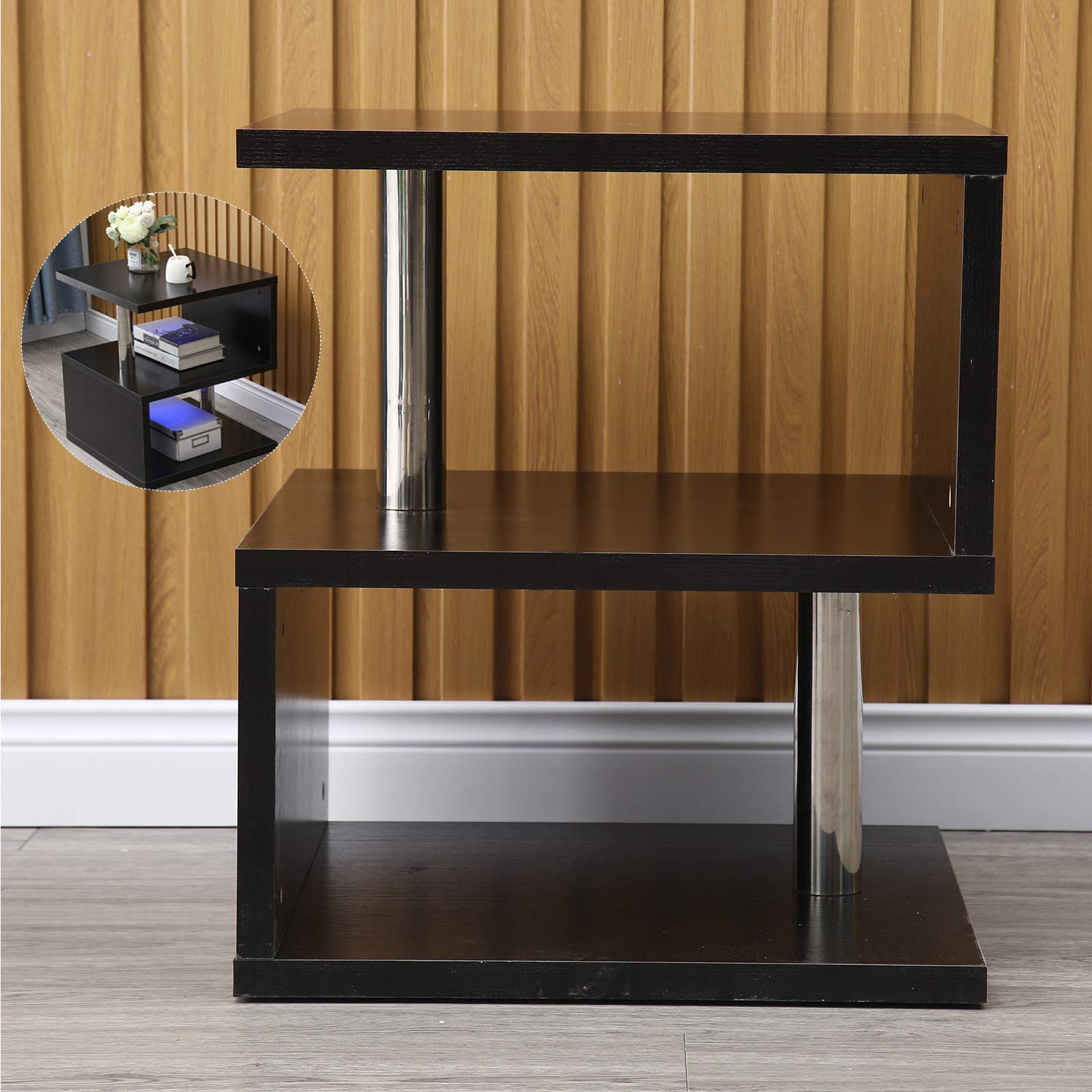 Modern LED Coffee Table & Nightstand - High Gloss White End Table with S-Shaped Design & Open Shelves - MDF Bedside Cabinet for Living Room, Bedroom - Perfect for Small Spaces, Studio Apartments & Modern Home Decor