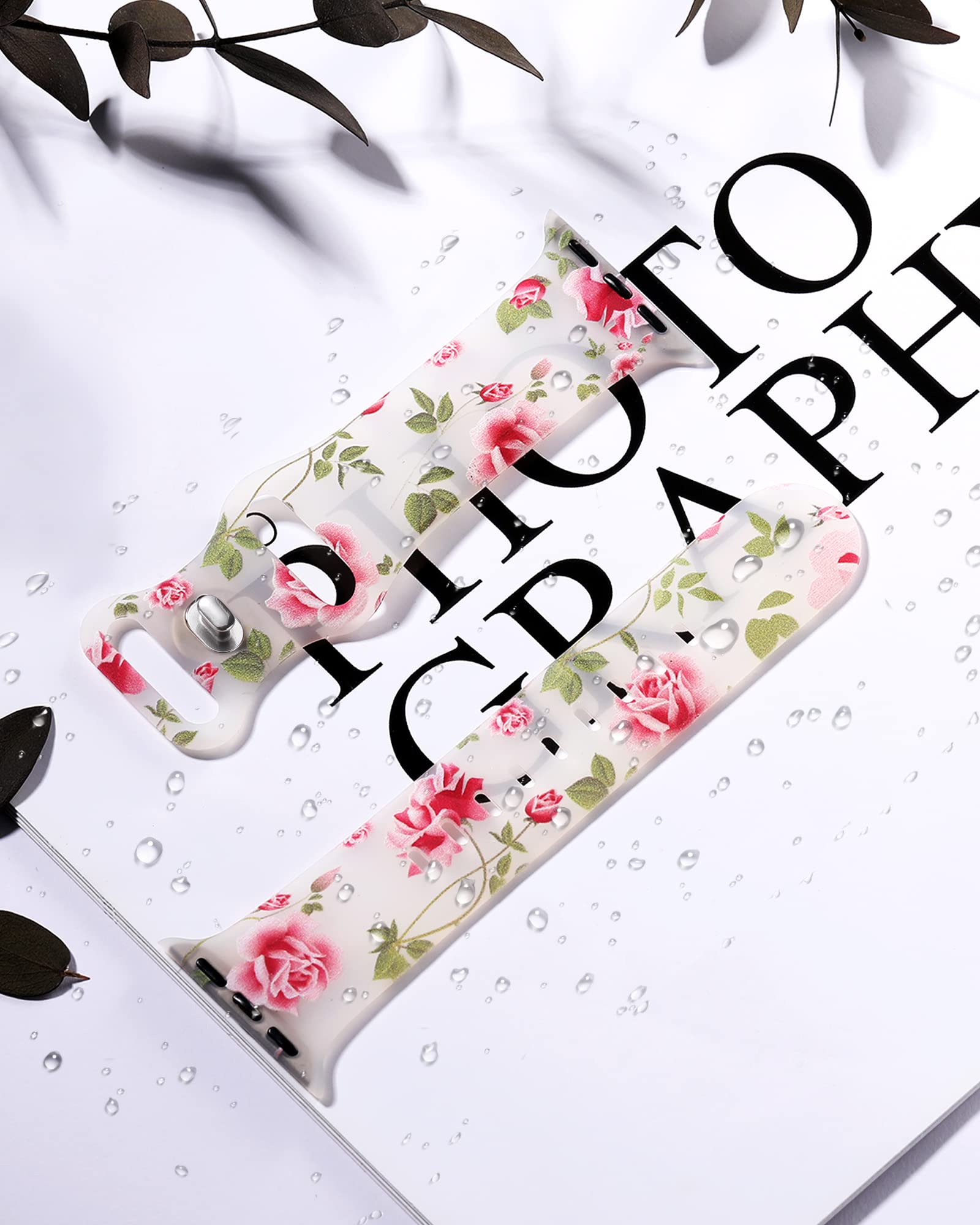 Witzon Floral Greenery Print Silicone Sport Band for Apple Watch Series 8/7/6/5/4/3/2/1/SE/Ultra - 38mm 40mm 41mm 42mm 44mm 45mm 49mm Women's Replacement Strap Accessories - Perfect for Workouts, Running & Everyday Fashion