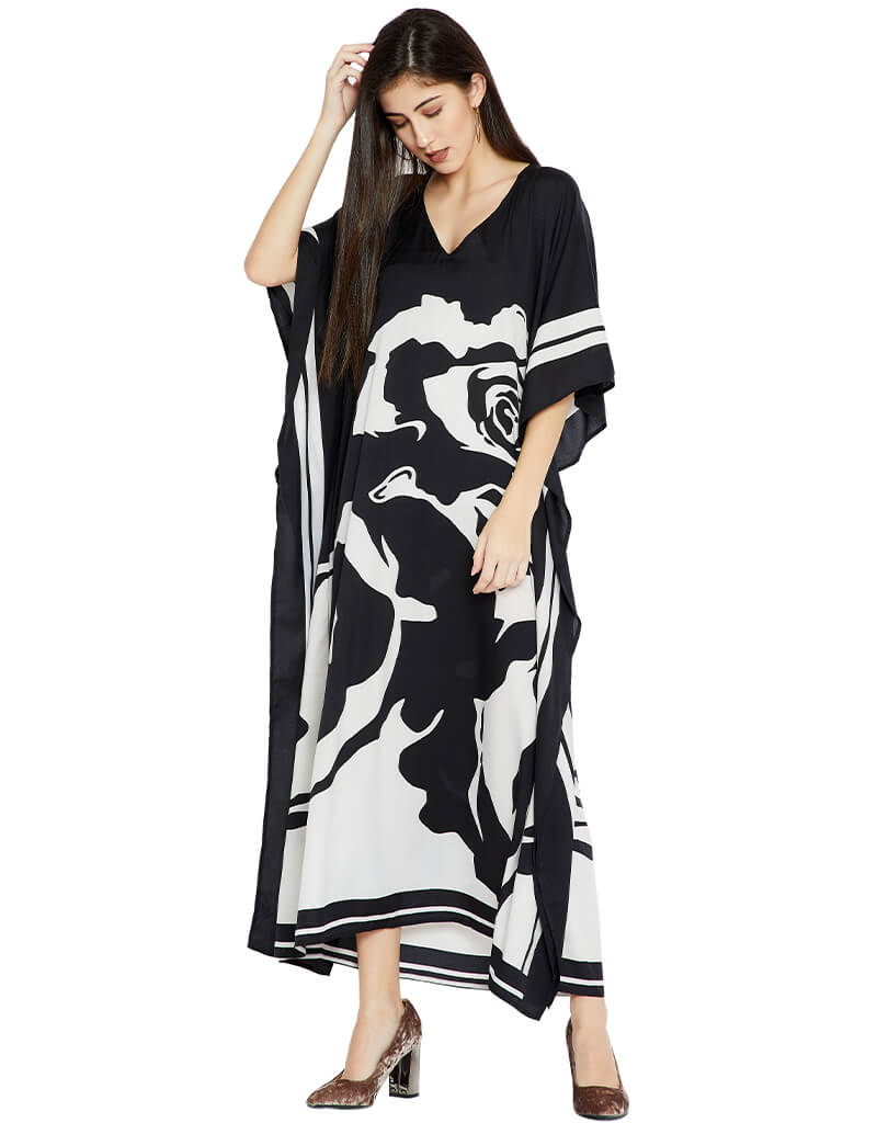 Luxury Black and White Silk Crepe Kaftan Dress - Elegant Flowy Beach Cover Up for Women - Perfect for Vacation, Poolside, and Summer Evenings