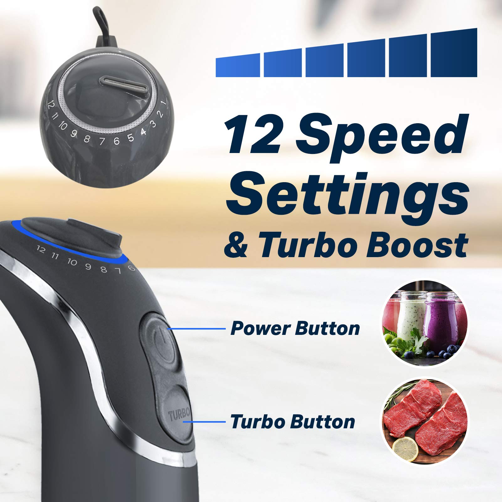 Mueller 800W 4-in-1 Immersion Blender Hand Mixer - 12 Speed with Turbo Boost, Heavy Duty Copper Motor & Titanium Blades, Includes Milk Frother, Whisk, Beaker & Chopper - Perfect for Smoothies, Soups, Sauces & Baking (Grey)