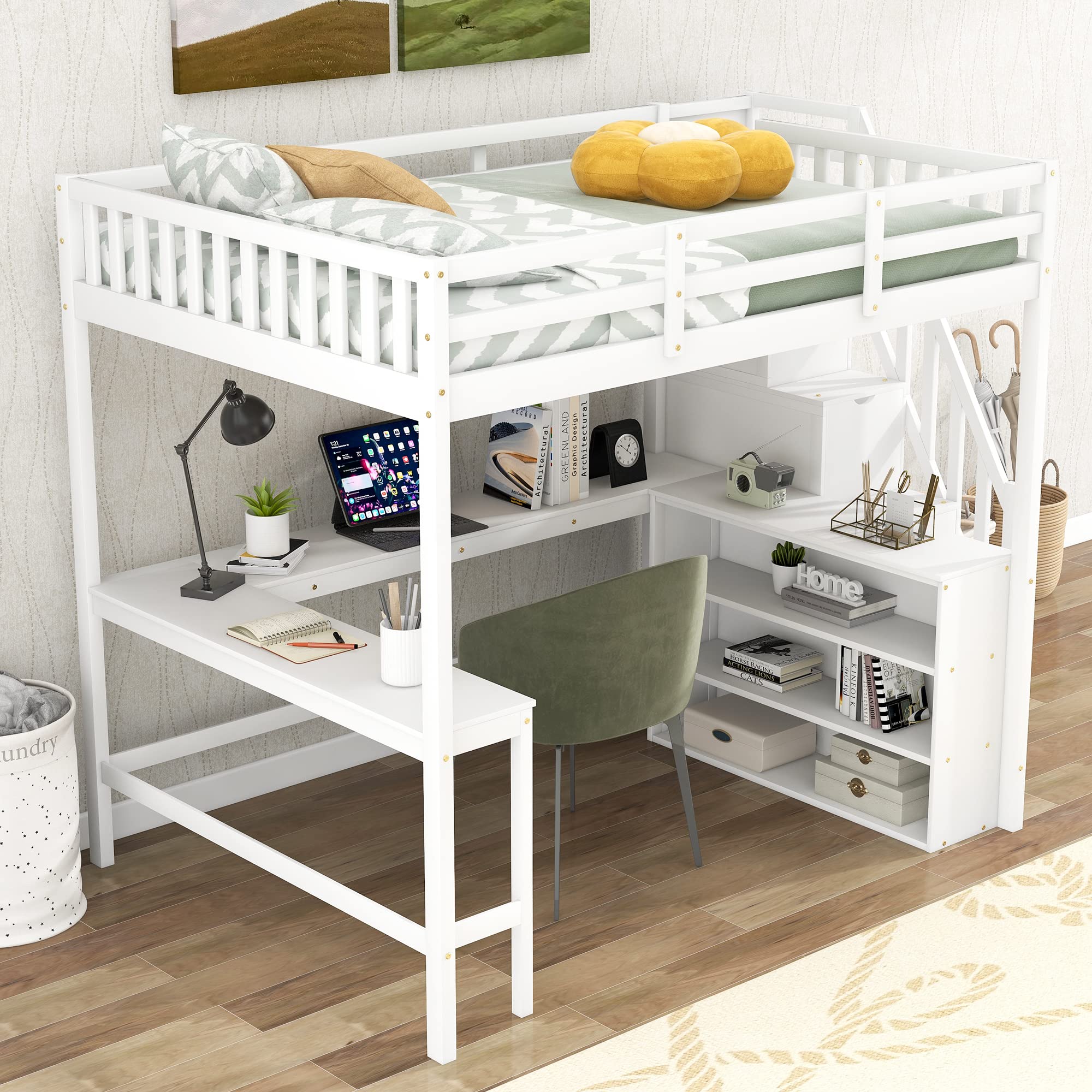 Full Size Loft Bed with L-Shaped Desk, Stairs & Storage Shelves - Space Saving Wooden Loft Bed Frame for Adults & Kids - Sturdy, Noise-Free White Loft Bed for Small Bedrooms, Dorms & Home Offices