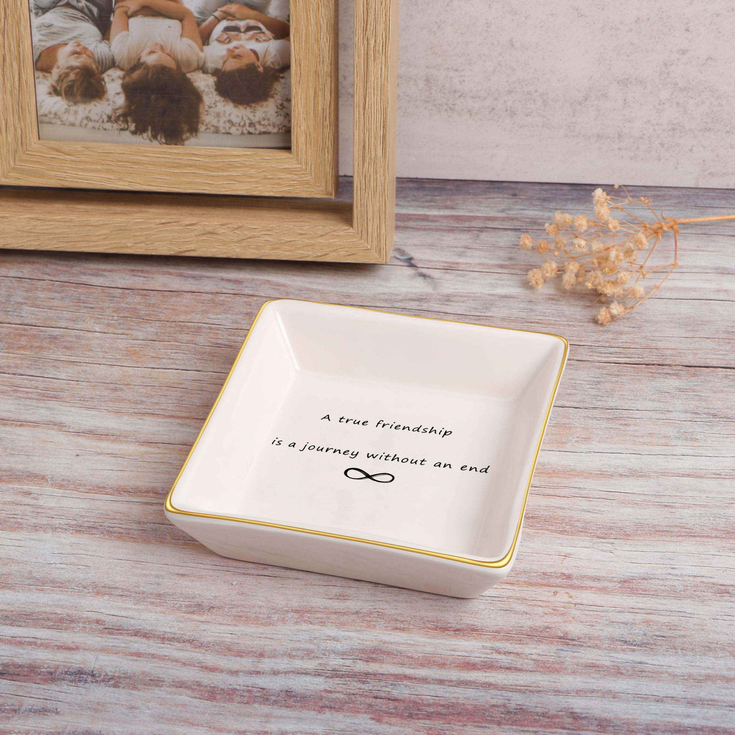 Ceramic Trinket Tray for Women - Friendship Gift Jewelry Dish with 'A True Friendship is A Journey Without End' Quote - Perfect for Birthday, Christmas, Home Decor & Encouragement Gifts | Jewelry Organizer, Ring Holder, Vanity Tray for Bedroom & Bathroom