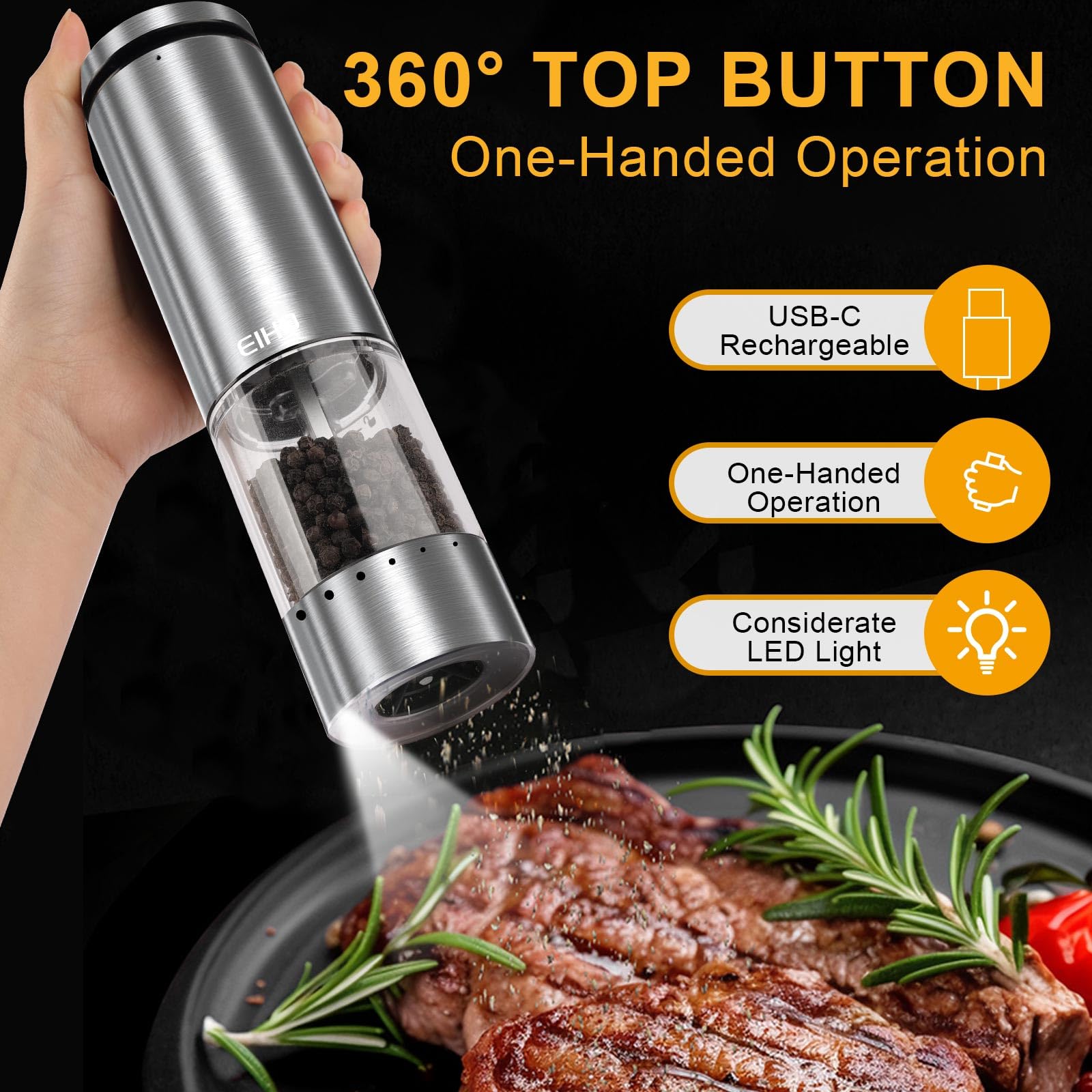 Premium Electric Salt and Pepper Grinder Set - USB Rechargeable, Adjustable Coarseness, Stainless Steel Automatic Mill with LED Light - Perfect for Kitchen, Dining & Housewarming Gifts