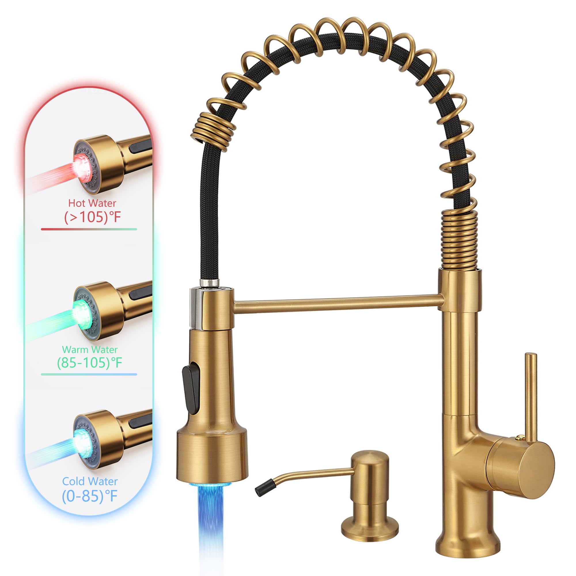 GIMILI Brushed Gold Kitchen Faucet with Pull Down Sprayer & LED Light for Modern Kitchens