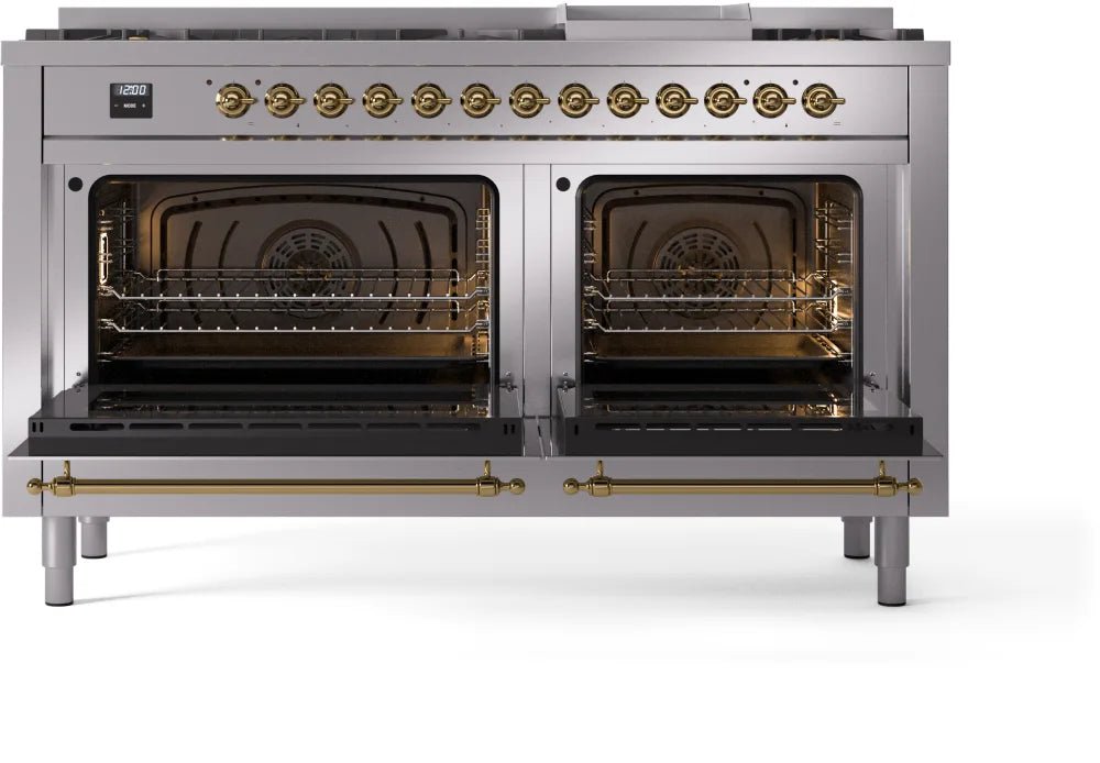 ILVE Nostalgie II 60-Inch Dual Fuel Natural Gas Range with Brass Trim - Stainless Steel Professional Stove for Gourmet Cooking | Perfect for Home Chefs & Luxury Kitchens