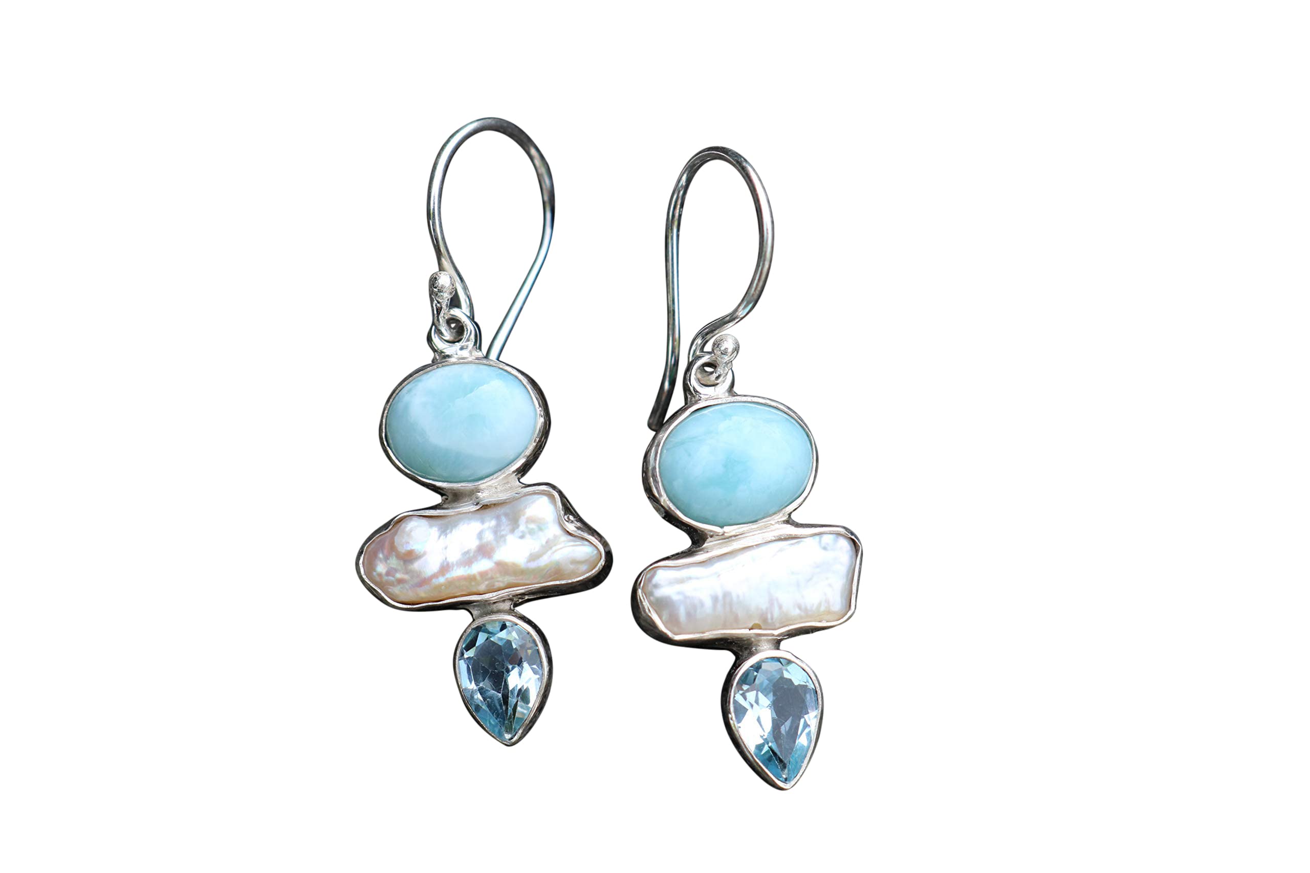Larimar Pearl Blue Topaz Earrings - Sterling Silver Jewelry for Women - Elegant Dangle Earrings for Parties, Weddings & Special Occasions