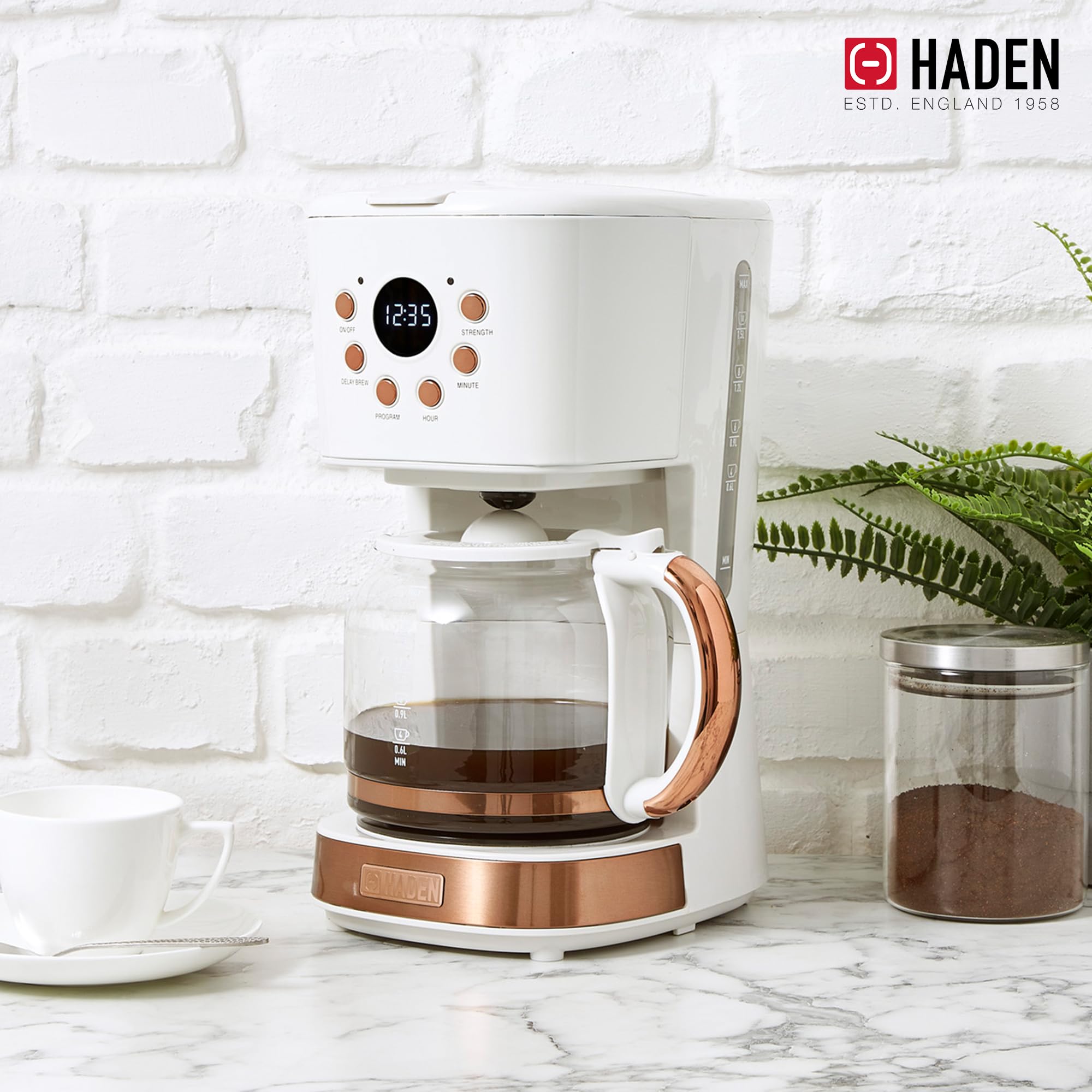 Haden 12 Cup Programmable Drip Coffee Maker with Auto Shut-Off & Reusable Filter - Ivory & Copper Coffee Machine for Home, Office & Kitchen Use