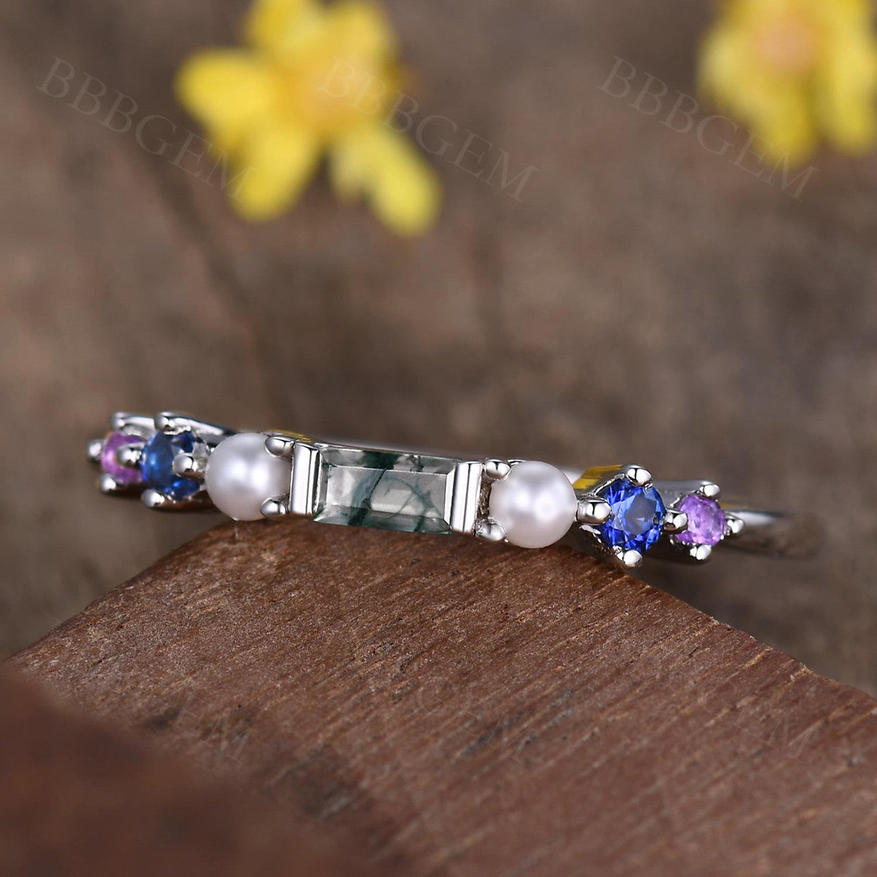 Rainbow Gemstone Family Ring - Green Moss Agate & Pearl Multi-Color Birthstone Band for Women | Perfect for Mother's Day, Anniversary Gifts & Special Occasions