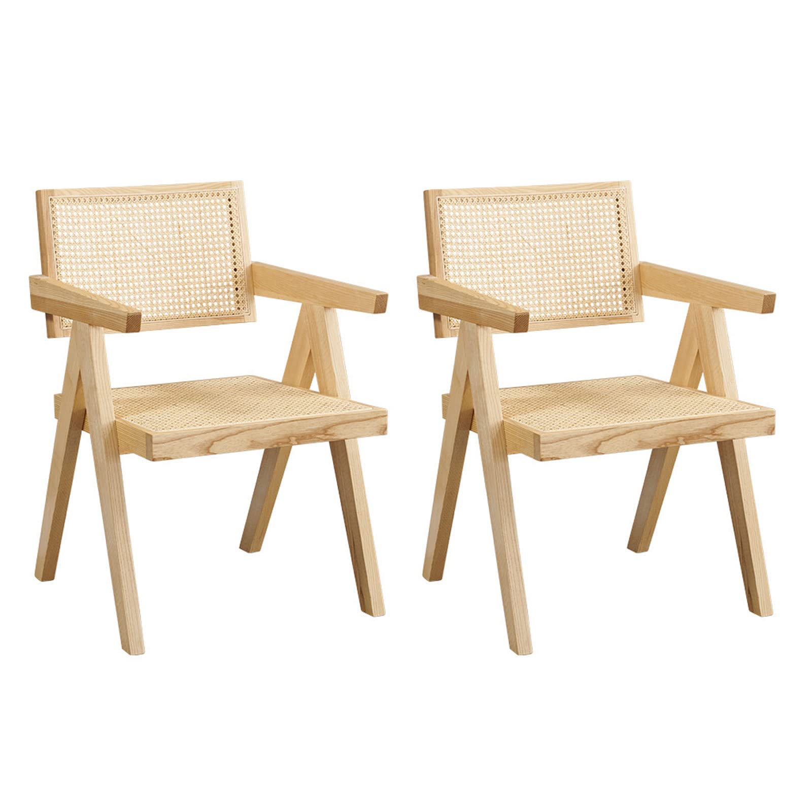 Handmade Wooden Rattan Dining Chairs Set of 2 - Outdoor/Indoor Wicker Armchairs with Mesh Backrest for Patio, Living Room, Bedroom & Garden - Natural Wood Accent Chairs for Relaxing & Entertaining