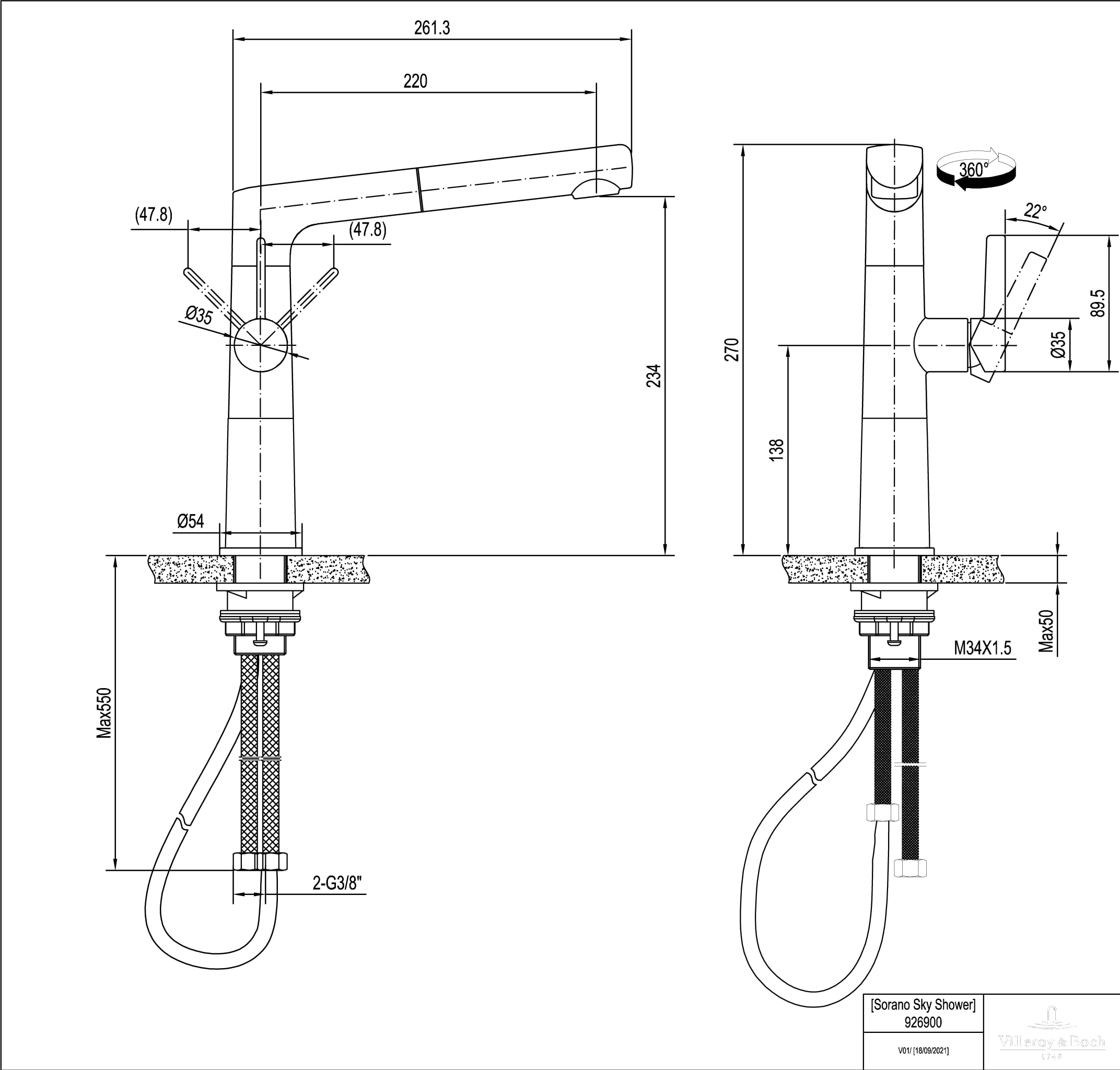 Villeroy & Boch VB-9269 00 LC Sorano Sky Shower Kitchen Faucet in Brushed Stainless Steel - Modern Pull-Down Sprayer for Sink, Ideal for Cooking and Dishwashing