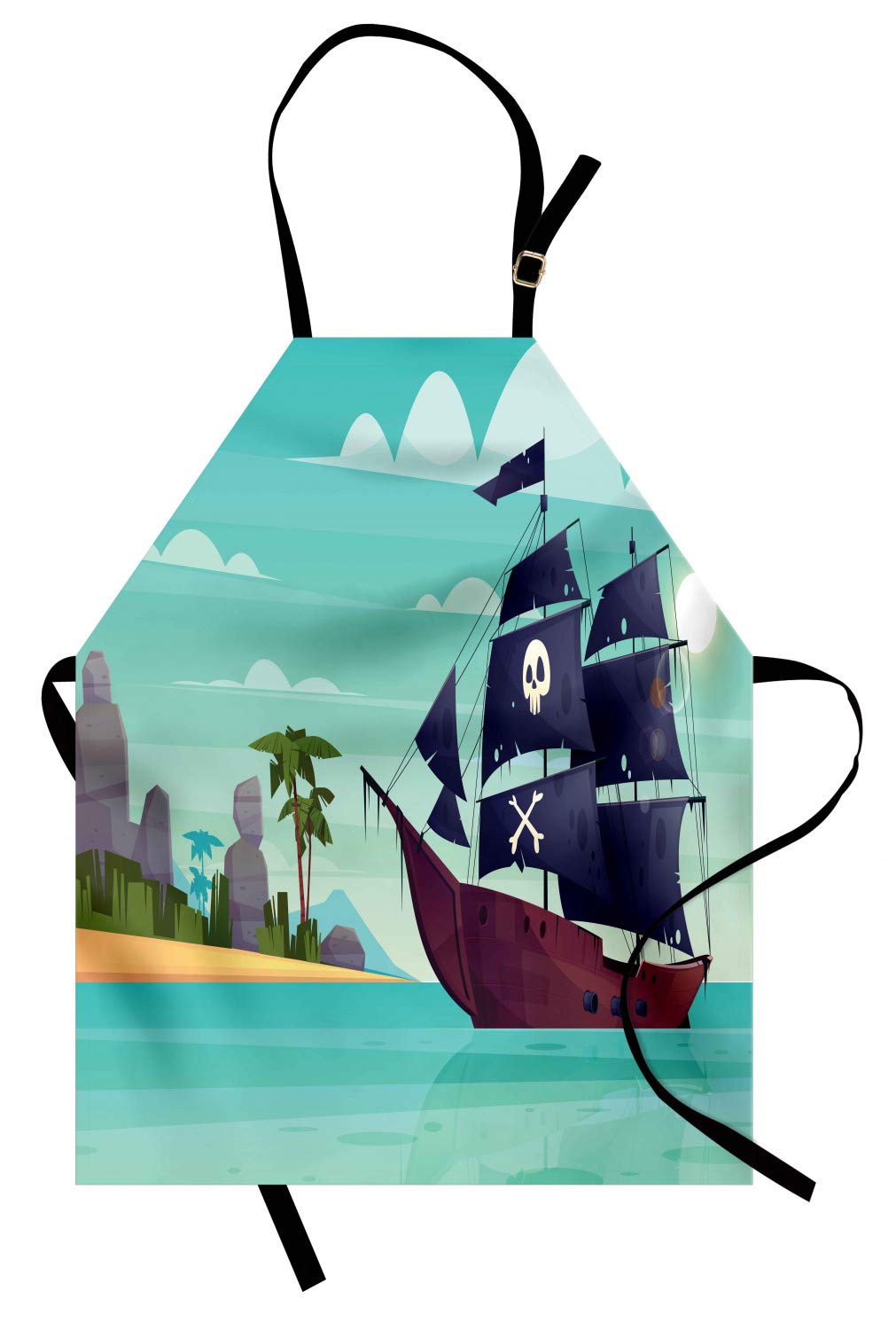 Ambesonne Blue Nautical Apron - Pirate Ship & Island Skull Design - Adjustable Unisex Kitchen Bib for Cooking, Baking & Gardening - Adult Size Multicolor - Perfect for BBQ, Holiday Gifts & Themed Parties