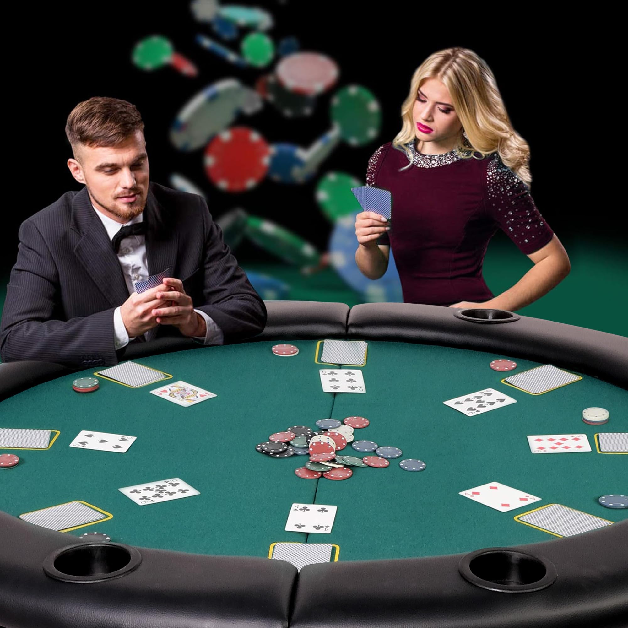 8 Player Round Foldable Poker Table - Portable Texas Hold'em & Blackjack Game Table with 8 Cup Holders, Padded Rails - Casino Style Folding Card Table for Home Games & Parties (Green) | Perfect for Poker Nights, Casino Themed Events & Family Game Gatherings
