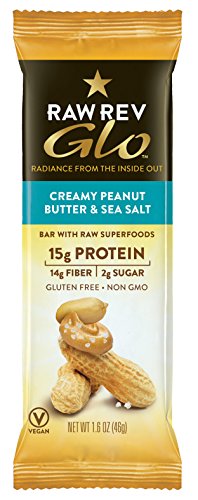 Raw Rev Glo Protein Bars - Creamy Peanut Butter & Sea Salt, 12 Pack (1.6oz Each) | 15g Plant Protein, 2g Sugar, 14g Fiber | Keto, Vegan & Gluten Free Snacks | Perfect for Workout Recovery, Hiking & On-the-Go Nutrition