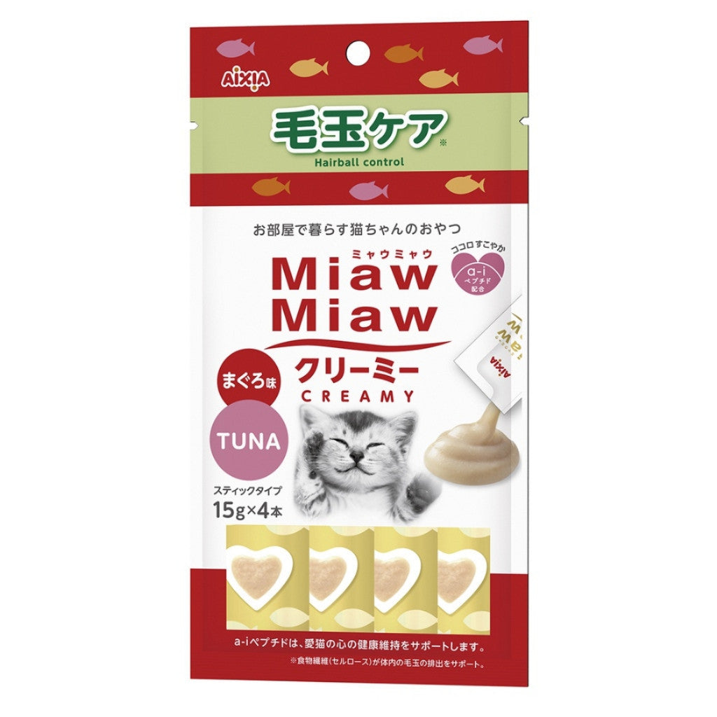 Aixia Miaw Miaw Creamy Purée Cat Treats 15g x4 Pack - Healthy & Delicious Creamy Cat Snacks for Adult & Senior Cats - Perfect for Training, Rewards or Bonding Time with Your Feline Friend