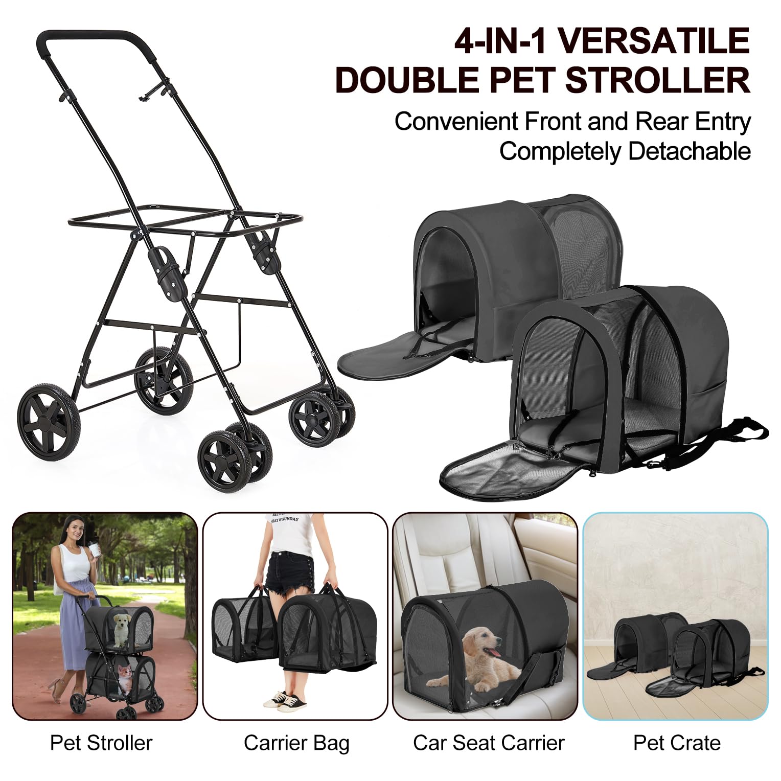 Double Pet Stroller for Dogs & Cats - 2 Detachable Carriers, Quick-Folding Design for Small/Medium Pets, 4-Wheel Black Stroller | Perfect for Park Walks, Vet Visits & Shopping Trips
