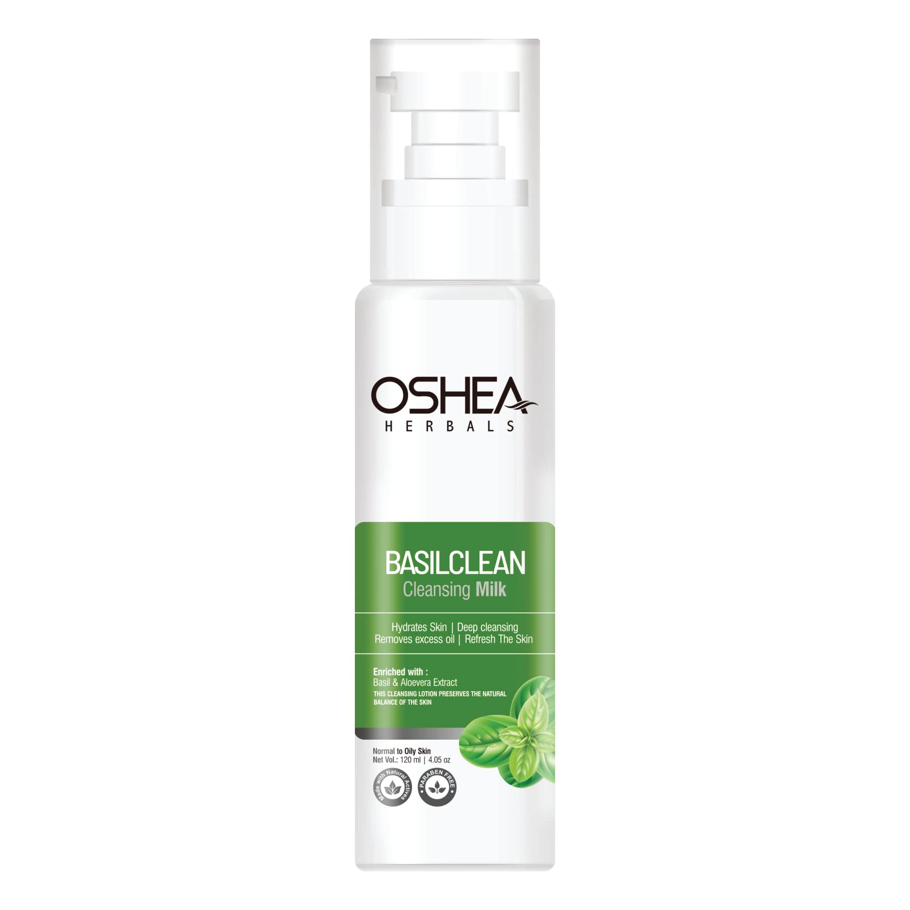 Oshea Herbals Basilclean Cleansing Milk for Normal to Oily Skin - Oil Control & Hydrating Face Wash with Aloe Vera & Basil Extracts (120ml) | Gentle Daily Cleanser for Acne-Prone & Combination Skin | Perfect for Morning & Night Skincare Routine