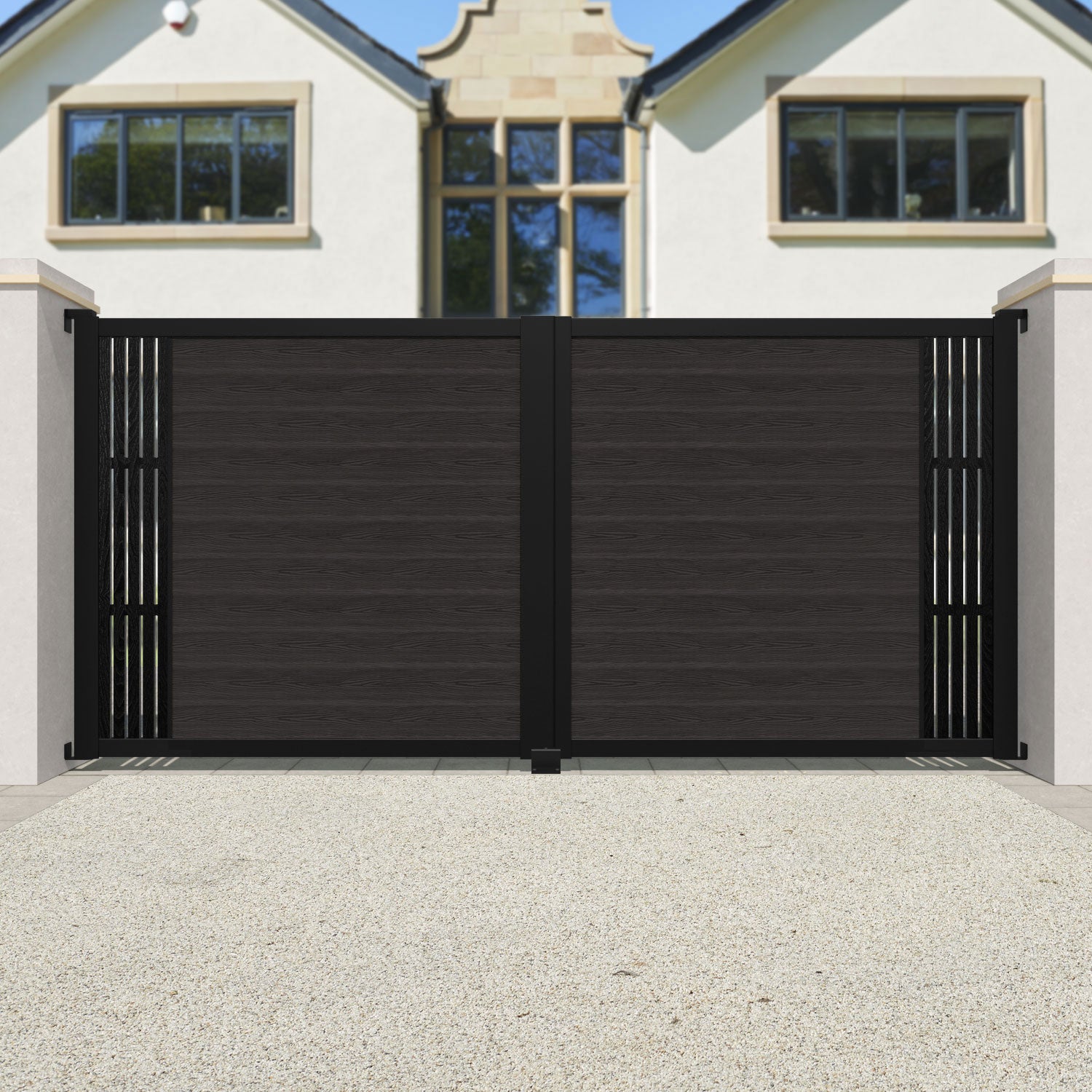 Dark Oak Classic Aspen Straight Top Driveway Gate - Durable Wooden Driveway Entrance with End Screen - Perfect for Residential Homes, Estates, and Private Properties