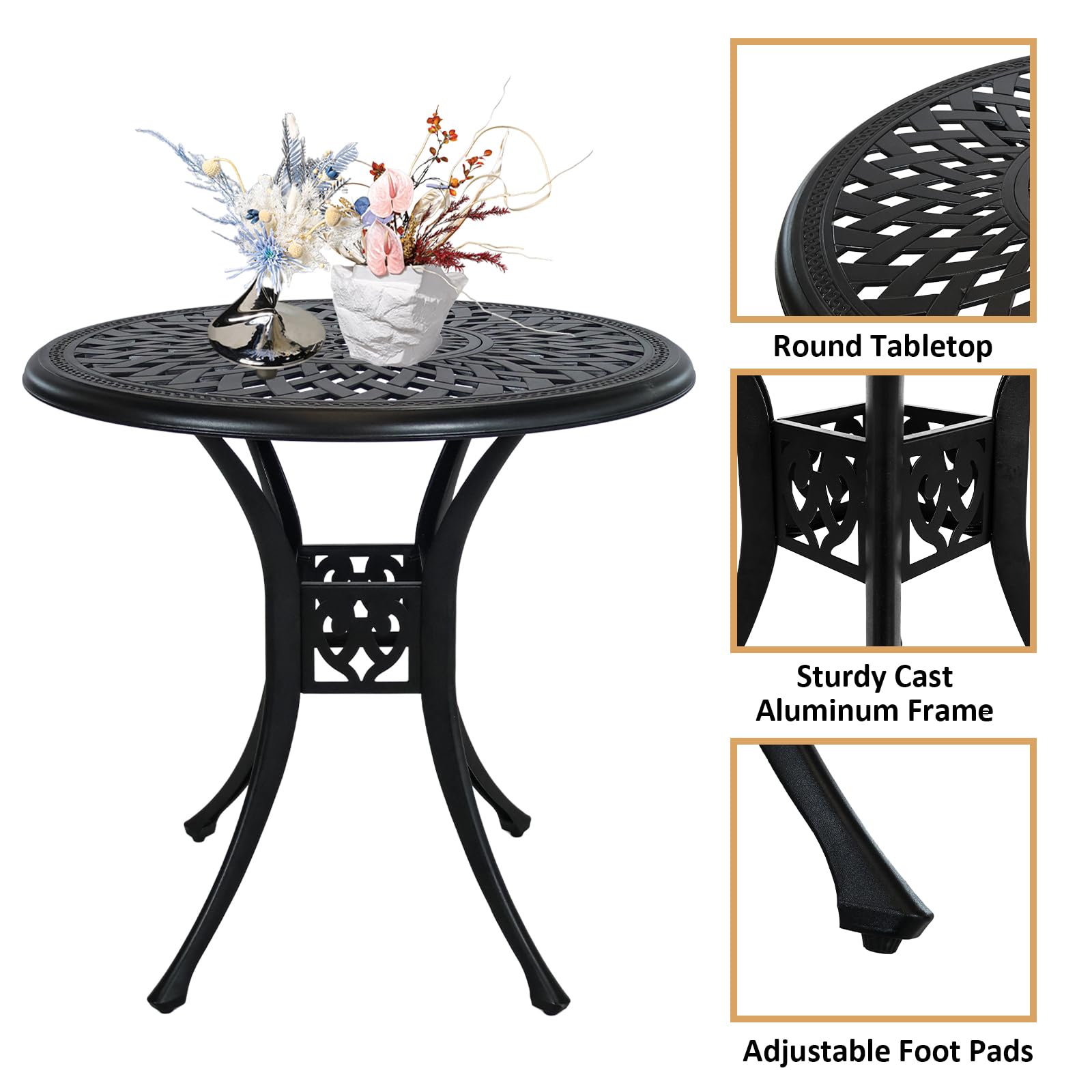 30 Inch Round Outdoor Patio Table with Umbrella Hole - Durable Cast Aluminum Bistro Table for Porch, Backyard, Garden - Weather-Resistant Metal Side Table (Black) - Perfect for Dining, Lounging and Outdoor Entertaining
