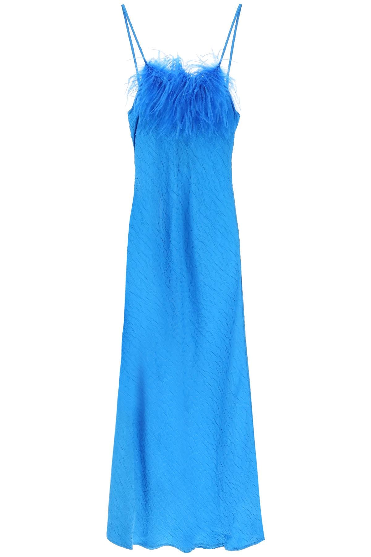Ella Jacquard Satin Maxi Slip Dress with Feather Trim - Elegant Evening Gown for Weddings, Parties & Special Occasions